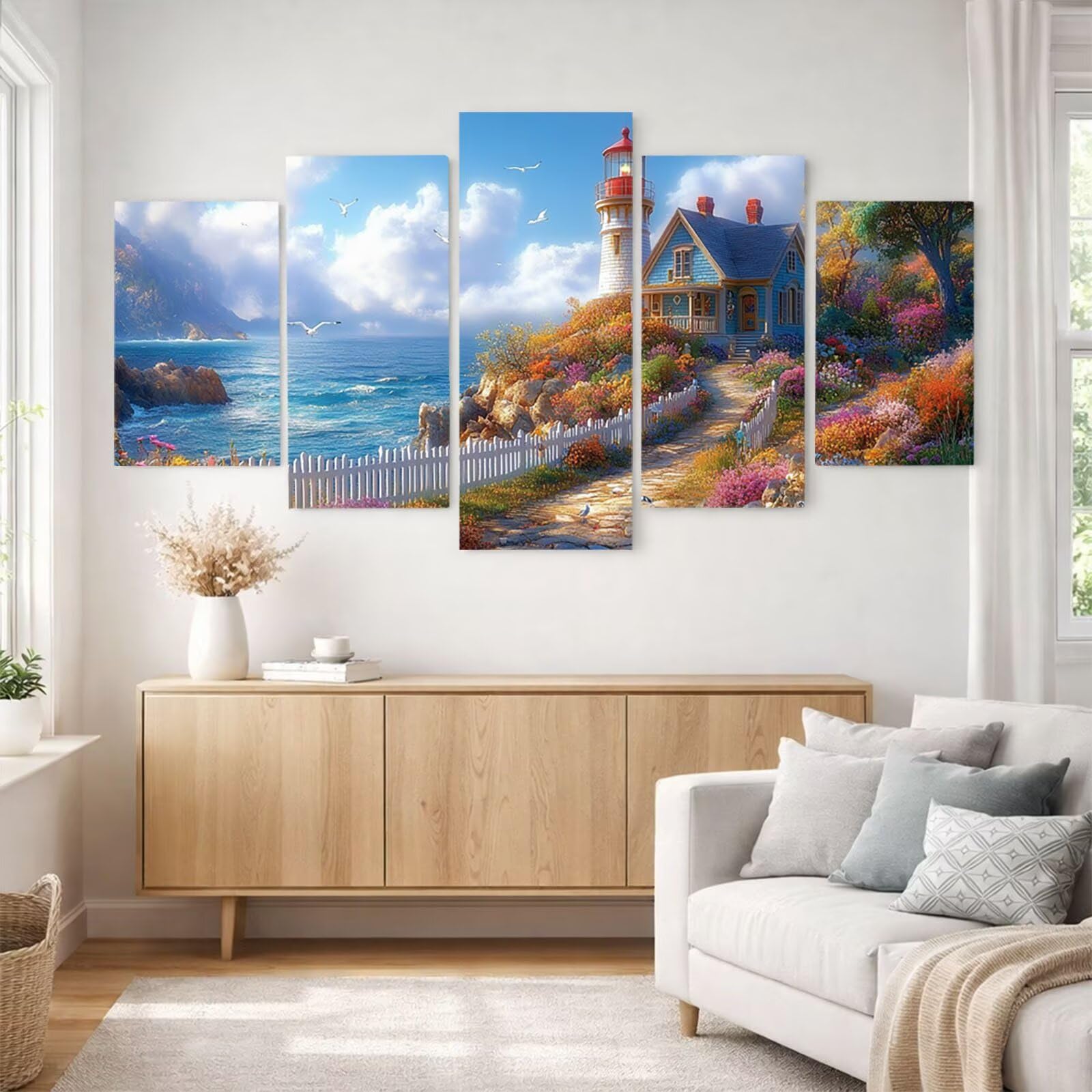 5 Pack Leuchtend Malen Nach Zahlen Erwachsene Lighthouse YCBZ-2191 | DIY Set Erwachsene mit Pinselset Acrylfarben Set Fünf Leinwand zum Bemalen Garten für Deko Wohnzimmer Geschenke für Frauen