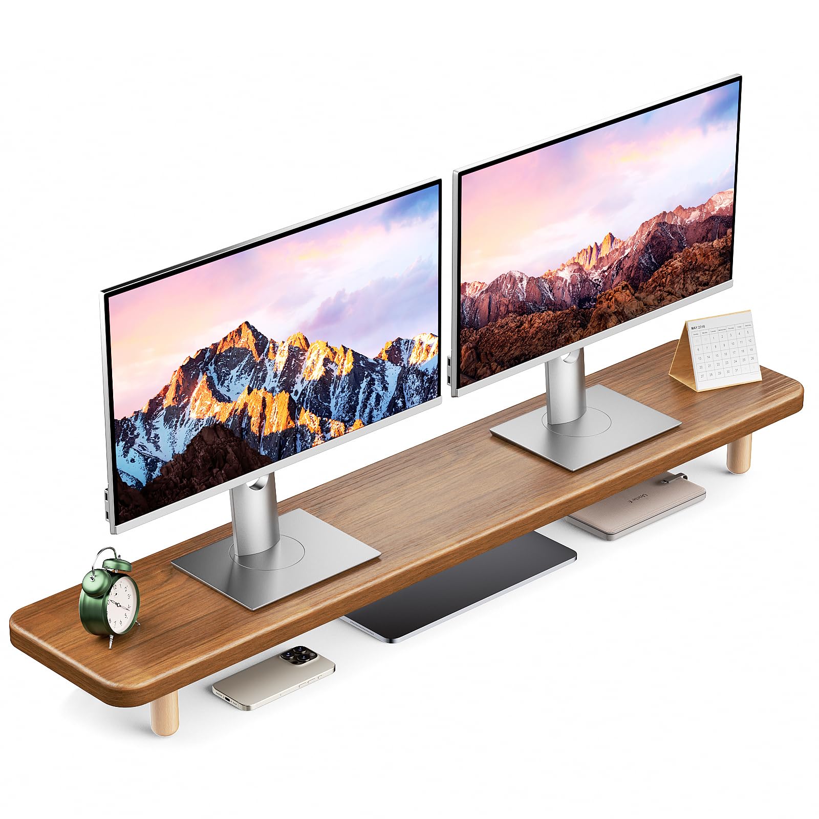 Dual Monitor Stand Riser, 39 Inch Extra Long Wooden Desktop Monitor Riser with Storage for 2 Monitors Ultra Strong Desk Shelf Organizer Riser Ergonomic for 2 Screens/Laptop/PC/TV/Printer (Walut brown, 39inches)