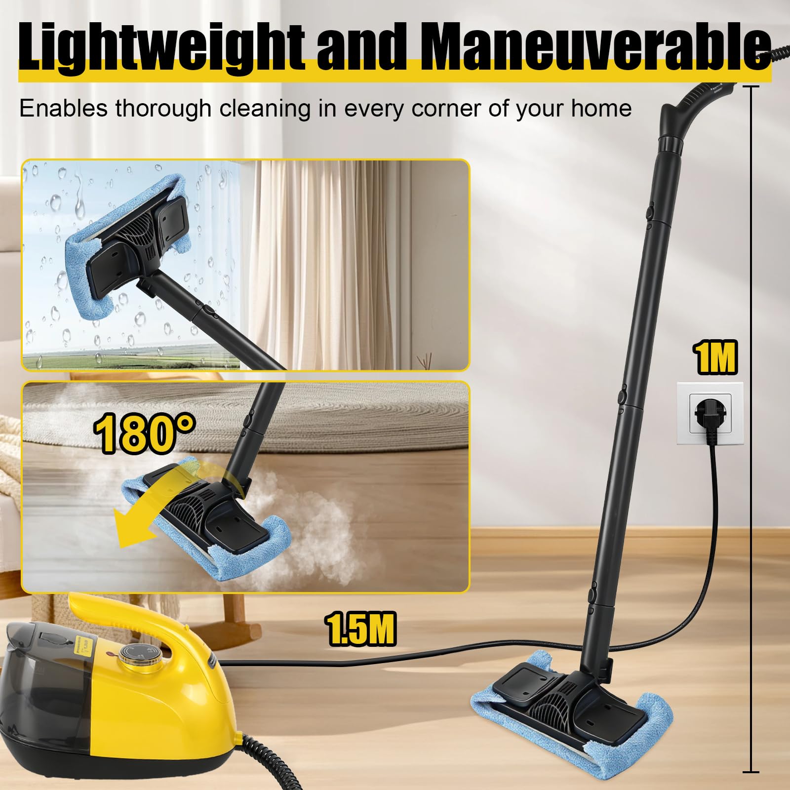 Dampfreiniger, 1800W Tragbarer Dampfreiniger Boden mit 900-ml-Tank, 15 Zubehörteile, Handdampfreinige für die Reinigung von Öfen, Teppichen, Sofas, Polstern, Spielzeug und glatten Böden