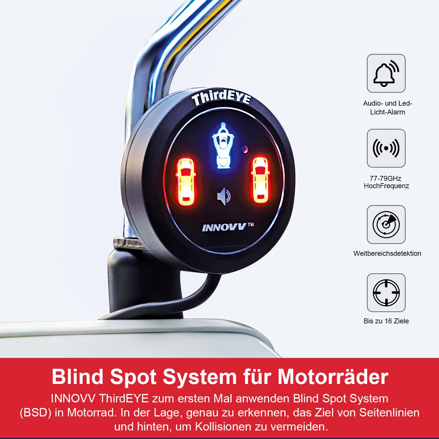 INNOVV ThirdEye Motorrad Toter-Winkel Assistent mit ak, und opt, Alarm, Wasserdichtes Motorrad Assistenzsystem erkennt Gefahren von der Seite und Hinten, Für Motorräder, E-Bike (Version ansehen)
