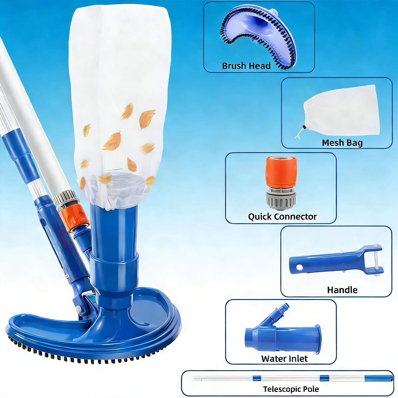 Kit de nettoyage de piscine - Aspirateur portable à jet - Kit d'entretien de piscine avec tige télescopique réglable - Brosse à récurer et filet de skimmer - Pour le nettoyage des feuilles, de la