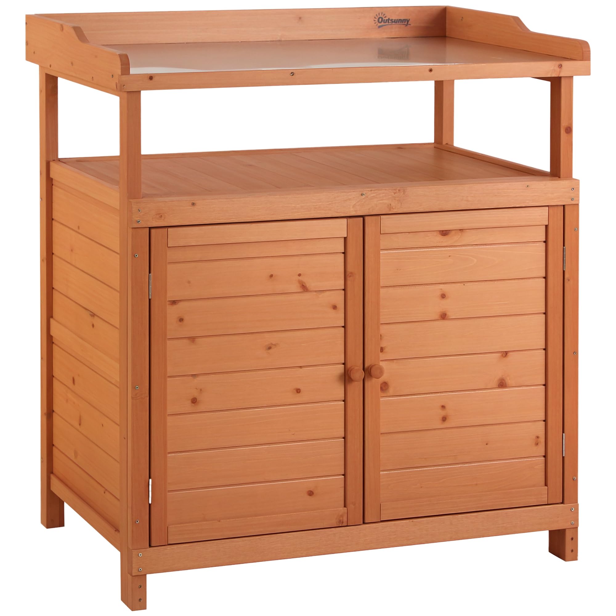 Outsunny Multi-function Potting Bench Table w/Storage Cabinet and Galvanized Table Top, Wooden Planting Workstation, 98cm x 47cm x 105cm