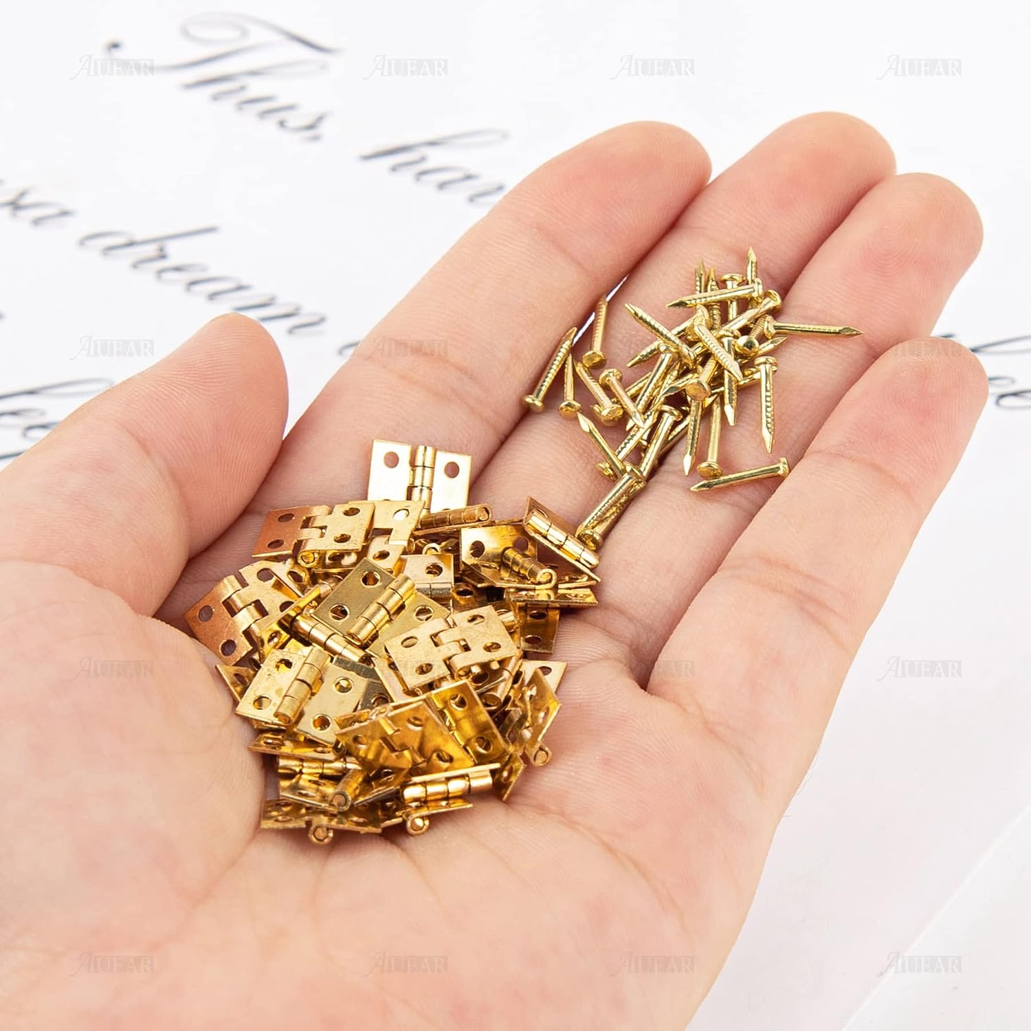 AUEAR, 50 Pack Miniature Hinges Hardware Jewelry Box Tiny Hardware with 200 Pieces Screws 180 Degree Rotation for Miniature Furniture Craft Closet Cabinet (Gold)