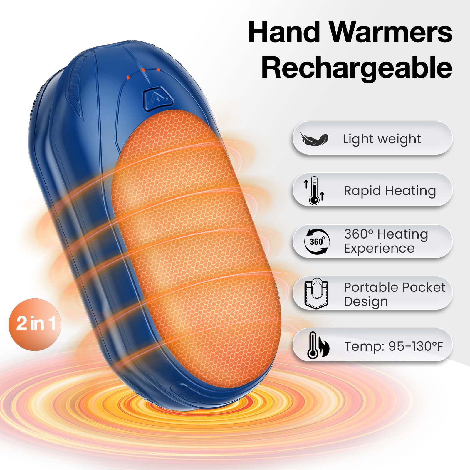 AI Lot de 2 chauffe-mains rechargeables avec puces intelligentes AI 6000 mAh, chaleur sûre de 20 heures, chauffe-mains portables, cadeaux pour Noël, l'extérieur, le golf, la chasse, le camping