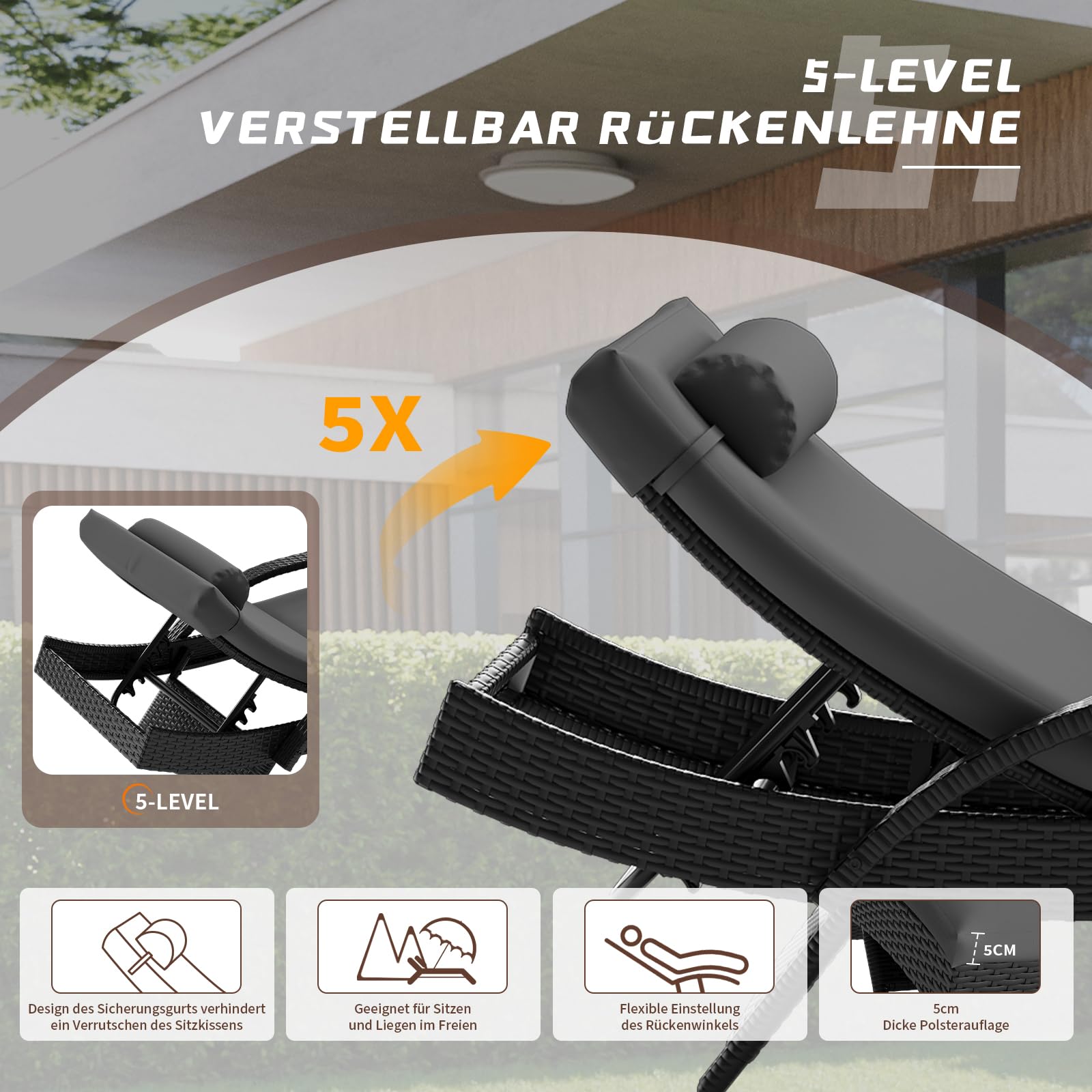 UDPATIO Polyrattan Sonnenliege, 5-Fach Verstellbarer Rückenlehne Gartenliege, Wetterfest Rattanliege mit Polsterauflage & Kopfkissen für Garten, Balkon und Terrasse - Schwarz & Grau Bezüge