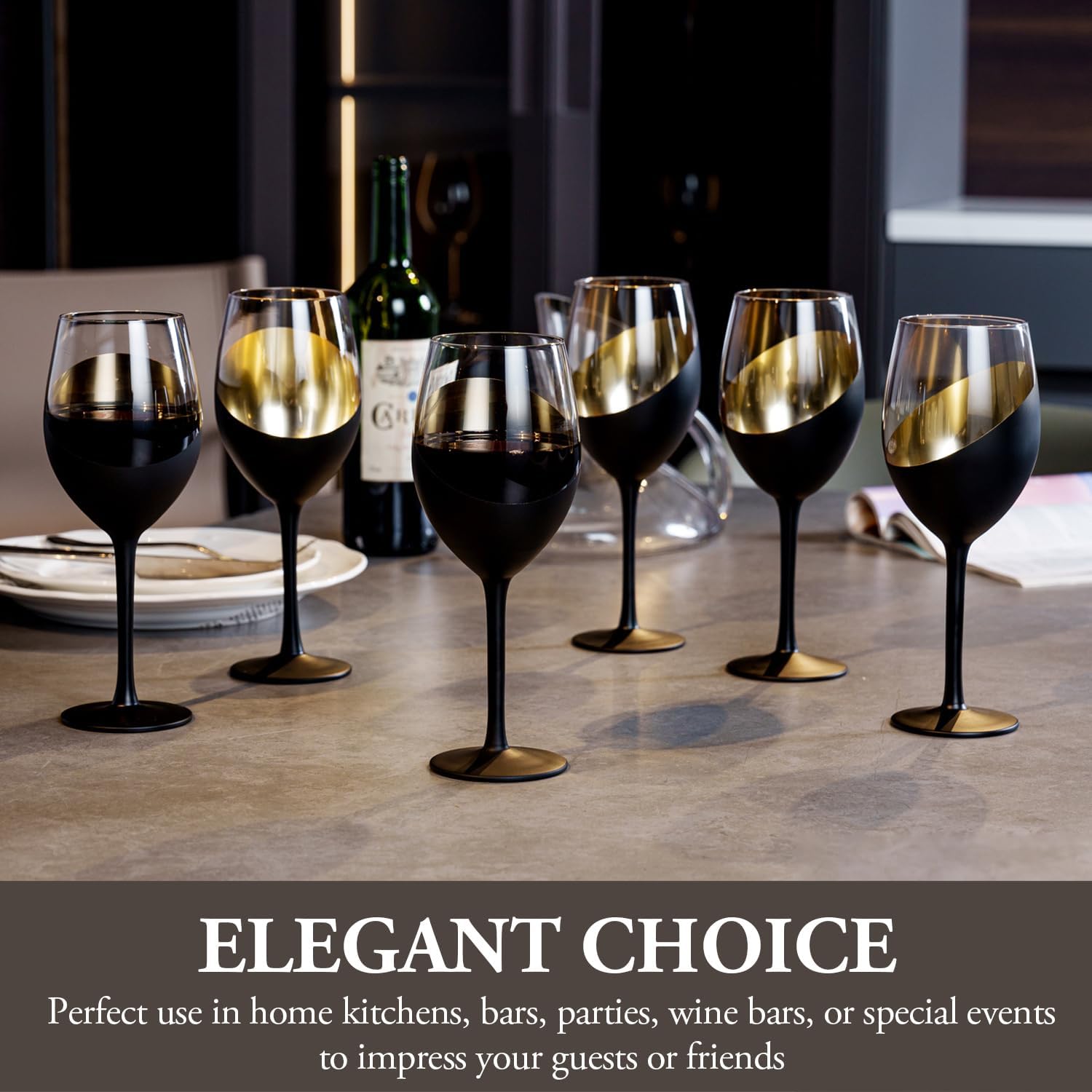 MyGift 14 oz Modern Slanted Matte Black and Gold Tone Stemmed Wine Glasses, Elegant Angled Design with Metallic Interior Accent Glass Stemware, Set of 6 - Image 3