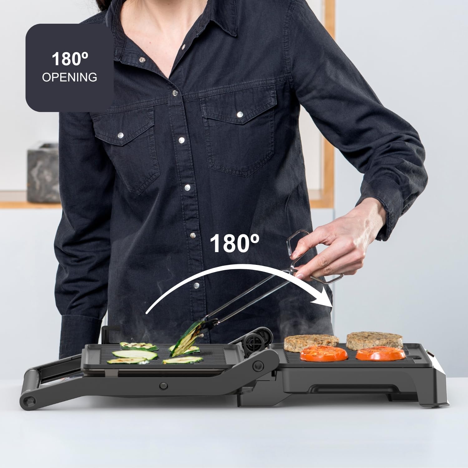 Black+Decker – Grill BXGR1001E | 1000W | Ouverture 180º | Plaques 23x14,5 cm avec blocage | Ddouble couche antiadhésif sans PFOA | Couvercle flottant | Bac récupérateur | Voyants lumineux | Cool-touch