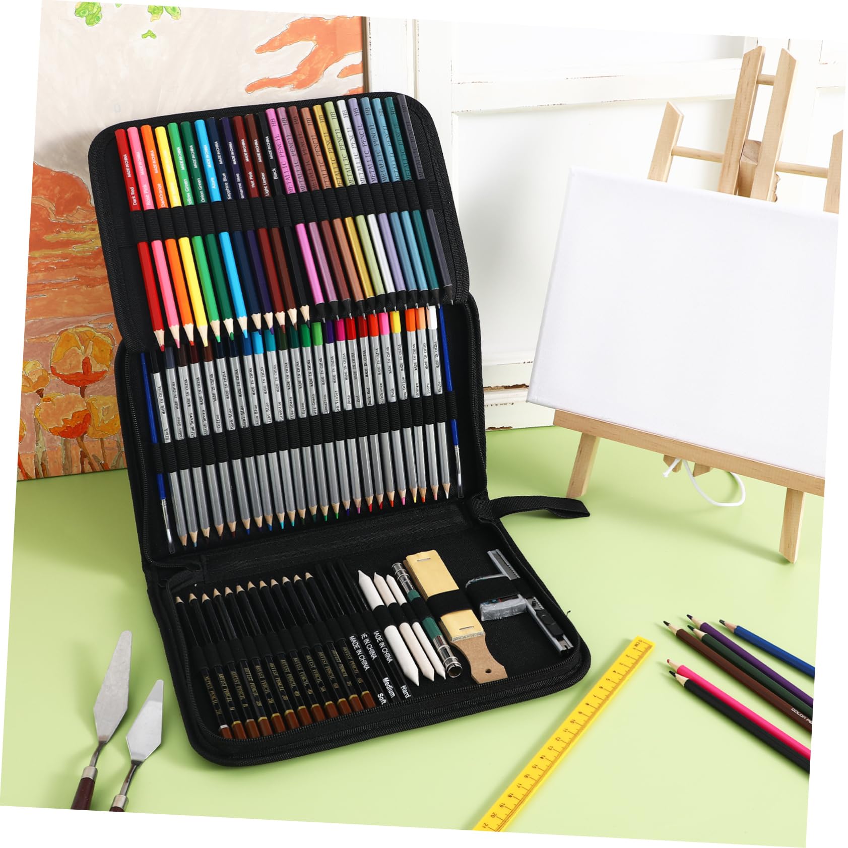 DIYEAH Set de Crayons de Couleur Aquarellables en Bois Trousse Zippée Pratique pour Dessin et Croquis en Extérieur, Portabilité Facile et Outils Complets