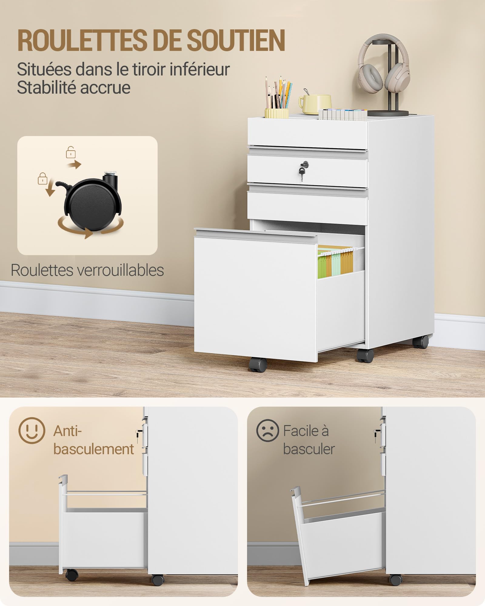 Hzuaneri Caisson 40x40x70cm 3 tiroirs verrouillable Blanc | Roulettes, verrouillage central, rangement A4/Lettre. Idéal pour bureau et home office. 40x40x70cm. Réf. FC41003XV1.