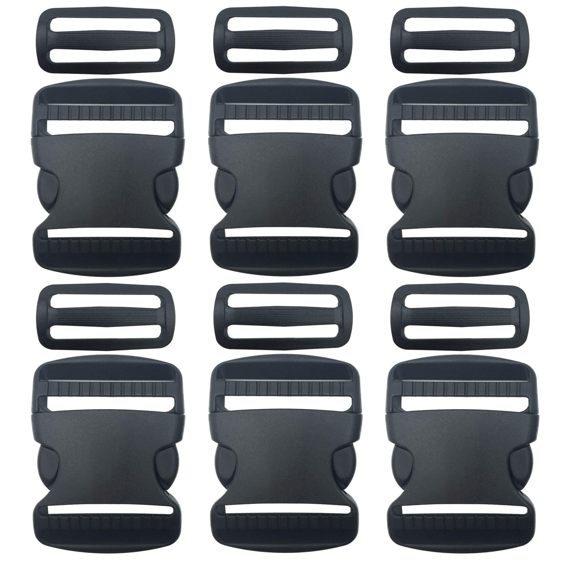 6 Set 2 Inch Flat Dual Adjustable Plastic Quick Side Release Plastic Buckles and Tri-glide Slides for Luggage Straps Pet Collar Backpack Repairing (Black, Fit For 2”/50mm Webbing Straps)