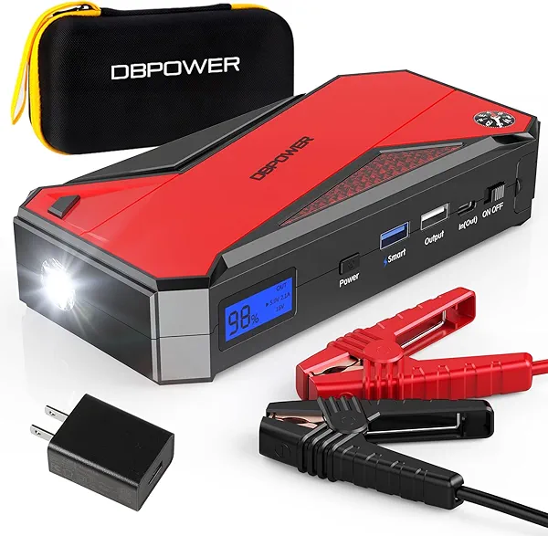 DBPOWER Peak 3000A 18000mAh Portable Car Jump Starter (up to 8.0L Gas, 6.0L Diesel Engine) Battery Booster with Smart Charging Port, Compass, LCD Screen and LED Light (Black/Red)