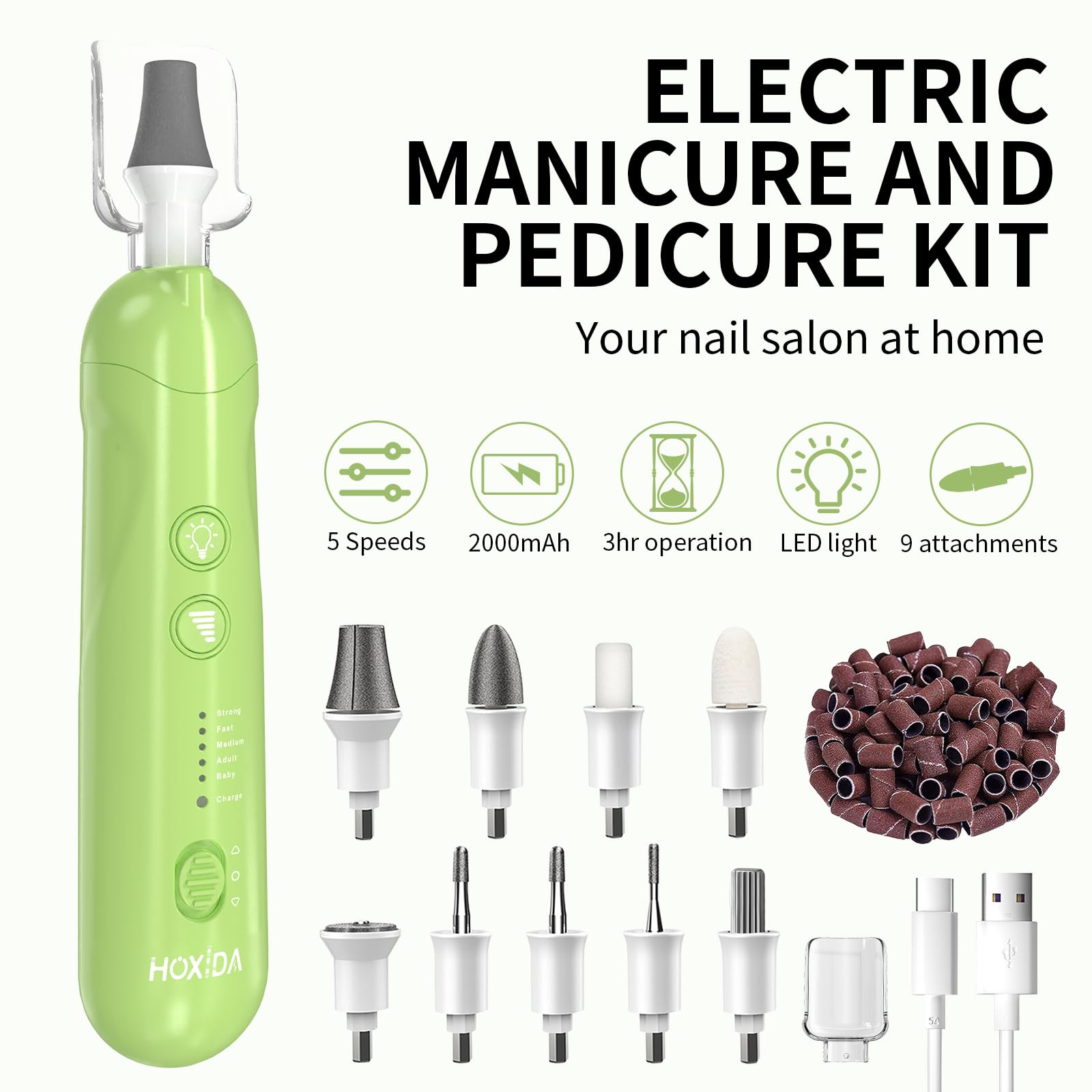 Kit de manicura y pedicura con estuche, molinillo de uñas profesional para uñas gruesas de los pies, lima de uñas eléctrica inalámbrica, herramientas de pedicura de 5 velocidades para pies removedor