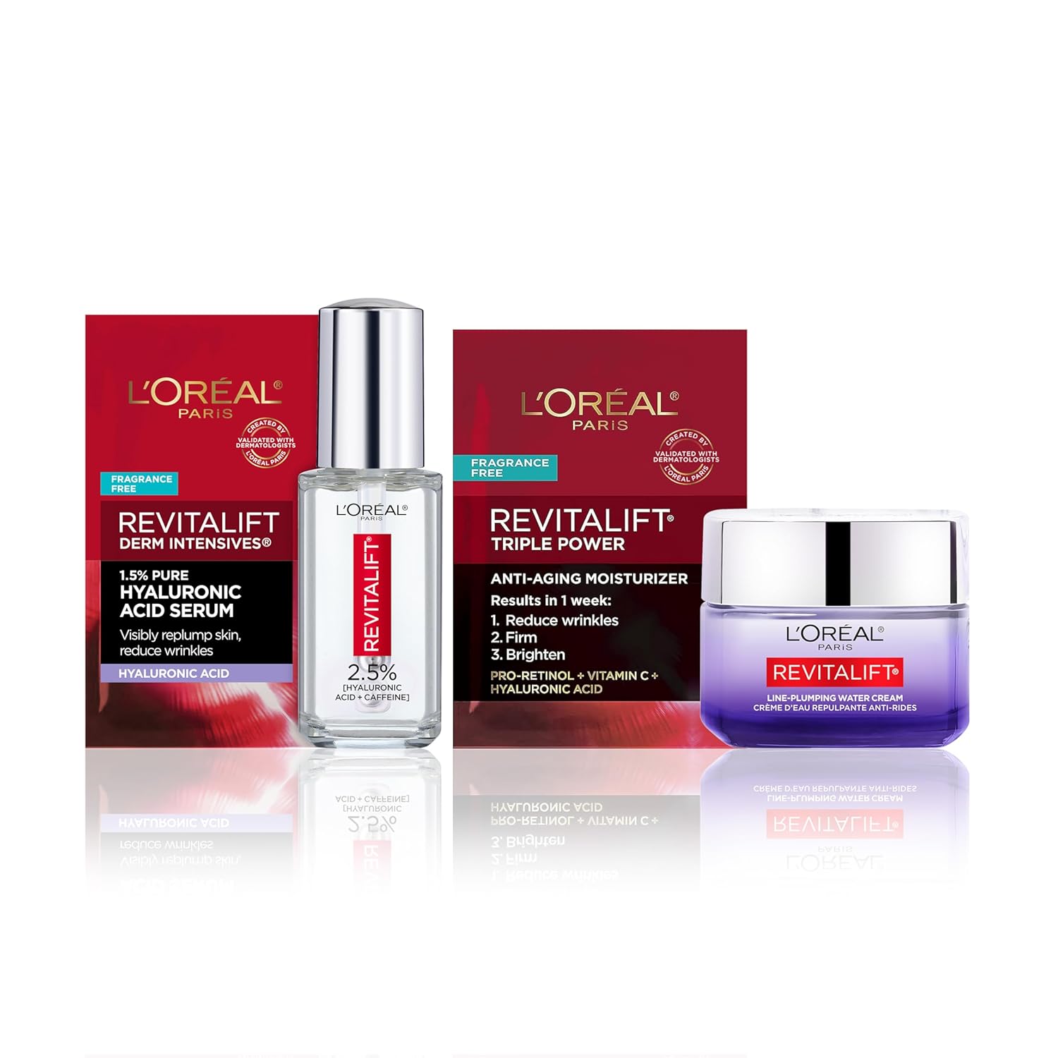L'Oreal Paris Revitalift Hyaluronic Acid + Caffeine Hydrating Eye Serum + Hyaluronic Acid Water Cream with Ceramides, 1 kit