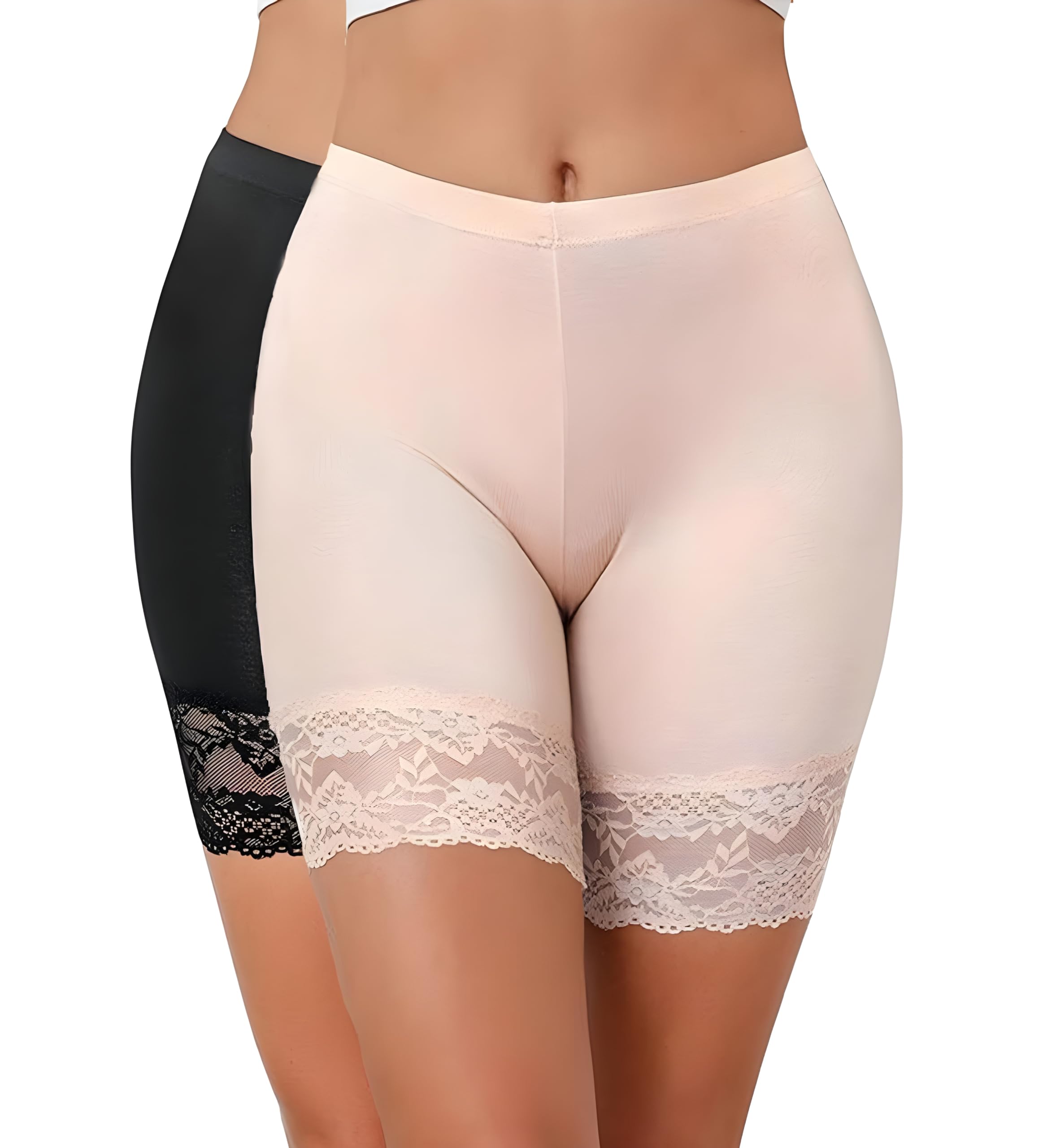 nicsy Slip Shorts Under Dresses for Women's Girls Seamless Sports Underskirts Mid Thigh Boyshorts Lace Cycling, Yoga, Swim Shorts Safety Regular Shorts. Pack of 2 (Skin/Black_ 2XL)-picture-40