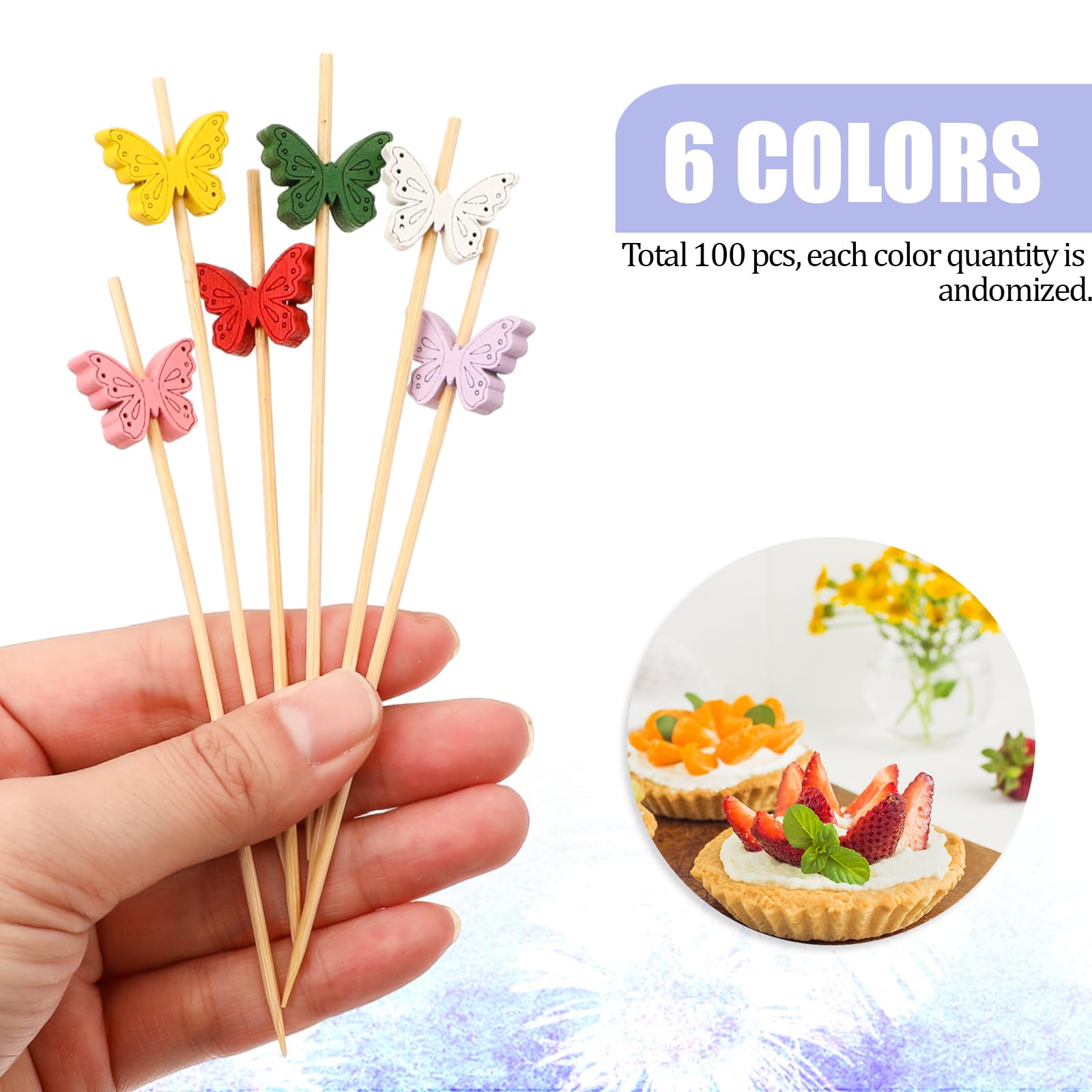 100 Spiedini Da Cocktail A Farfalla In Legno - 13cm Per Decorazione Finger Food E Frutta - Foto 3