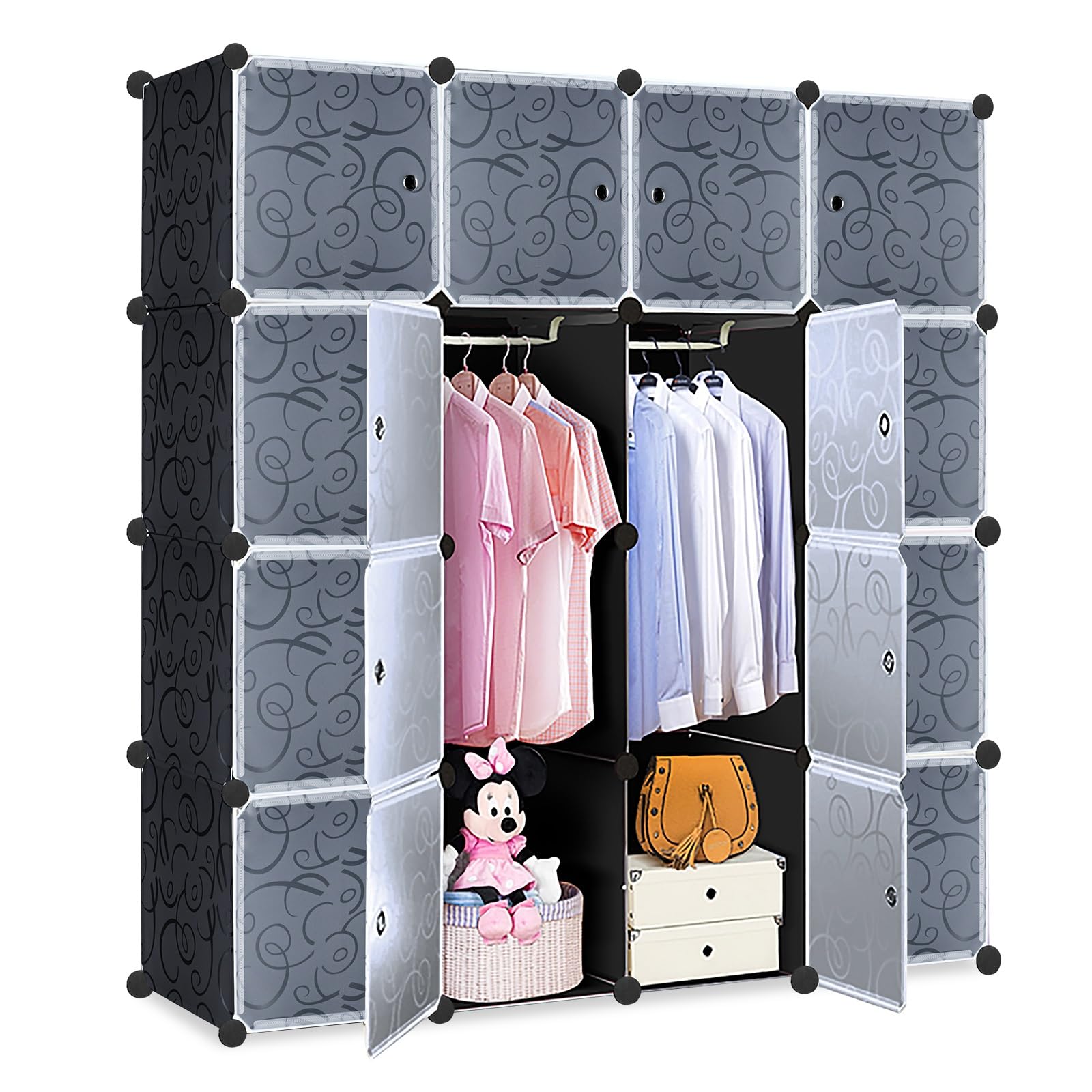 FIVMEN Armario negro con 16 cubos para manualidades, armario de plástico con puerta, sistema de estantería, 140 cm de ancho