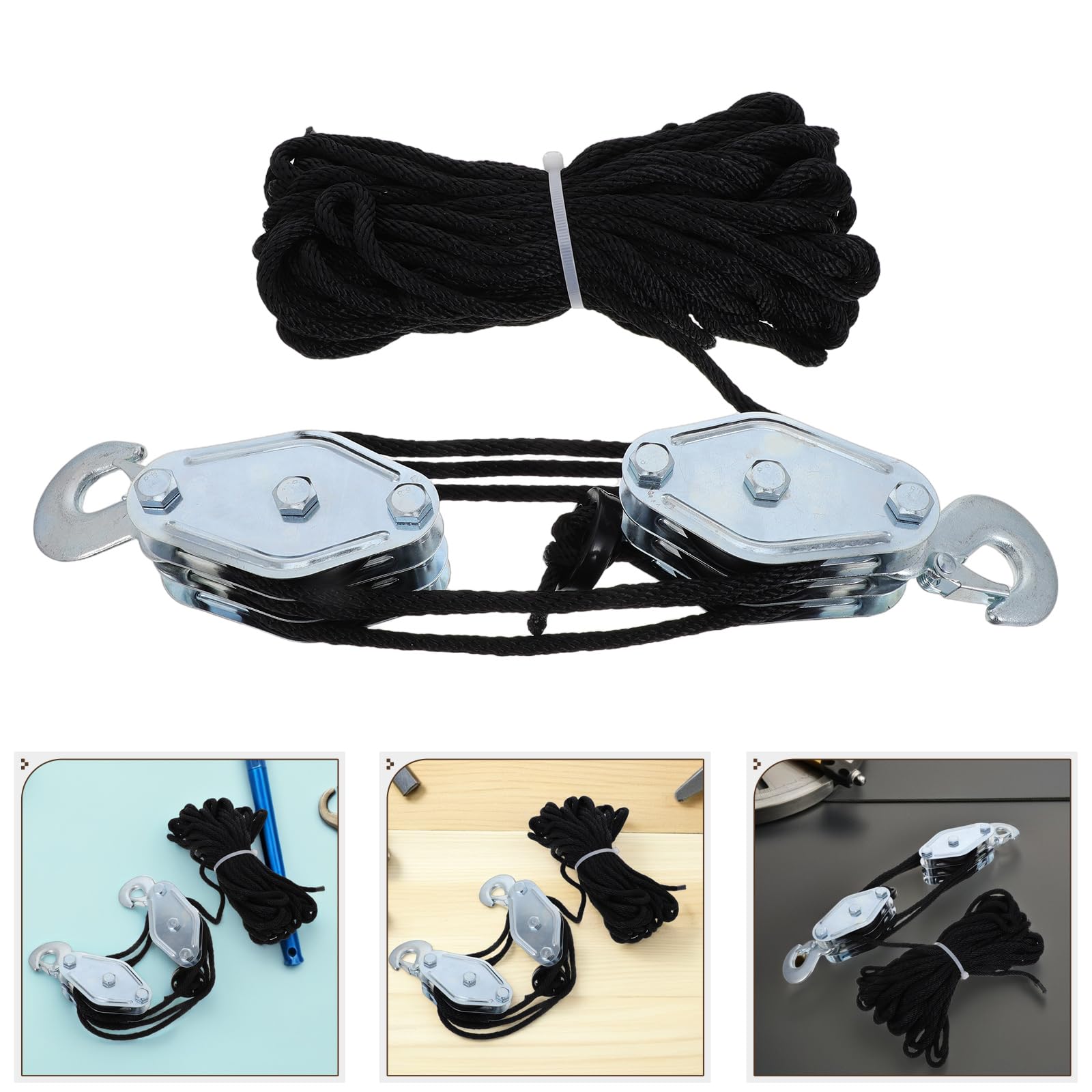 SHINEOFI Sistema de Poleas de Cuerda para Elevación Pesada con 3 Ruedas, Cuerda Negra de 15 M, Cojinete Metálico de Alta Resistencia, Polipasto Portátil para Caza, Almacén y Construcción