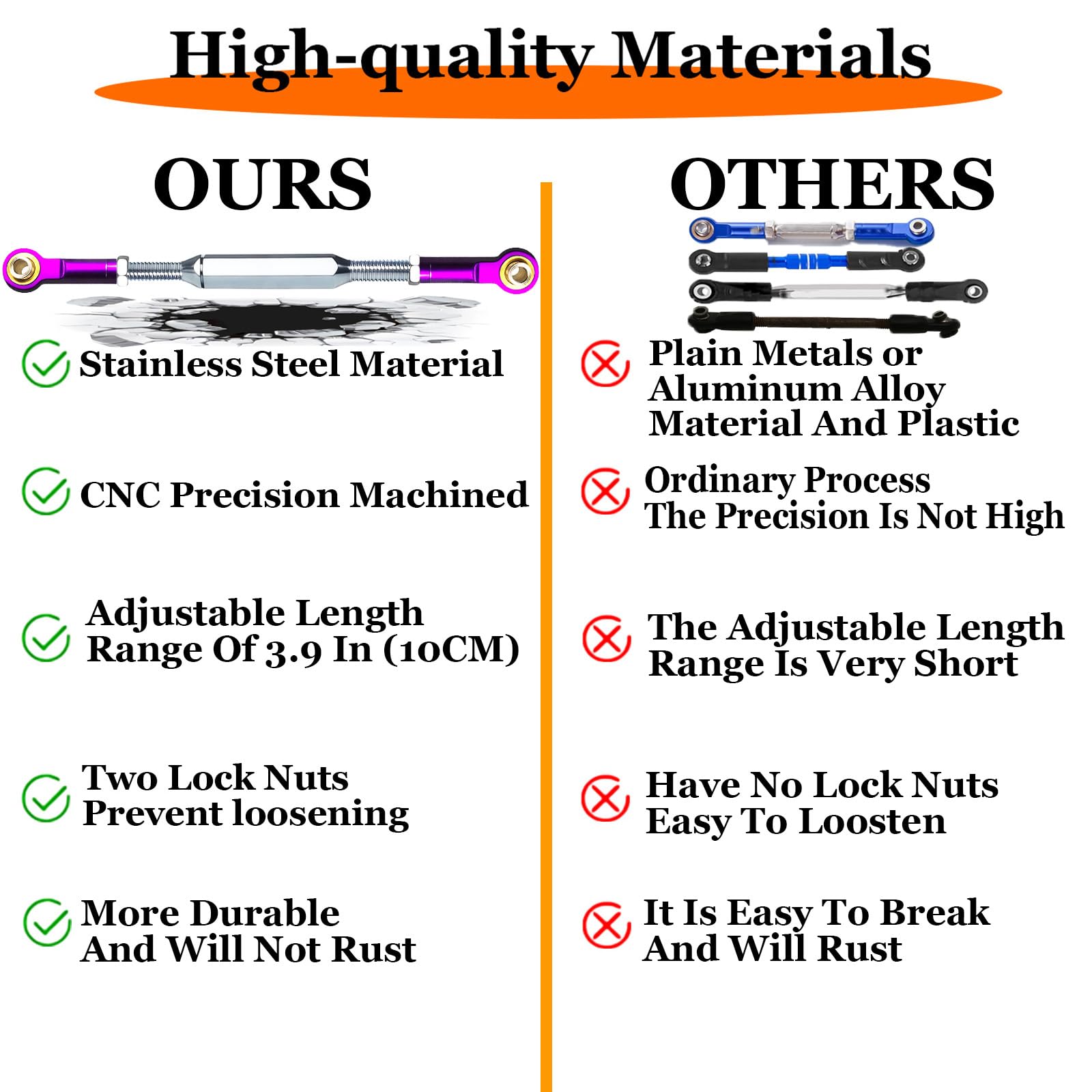 (2025 Upgrade) Adjustable Stainless Steel Turnbuckles/Camber Link for 1/10 Traxxas 4X4/2WD Slash VXL,Rustler VXL,Stampede VXL,Hoss 4X4 RC Car Hops Up Parts(Purple)