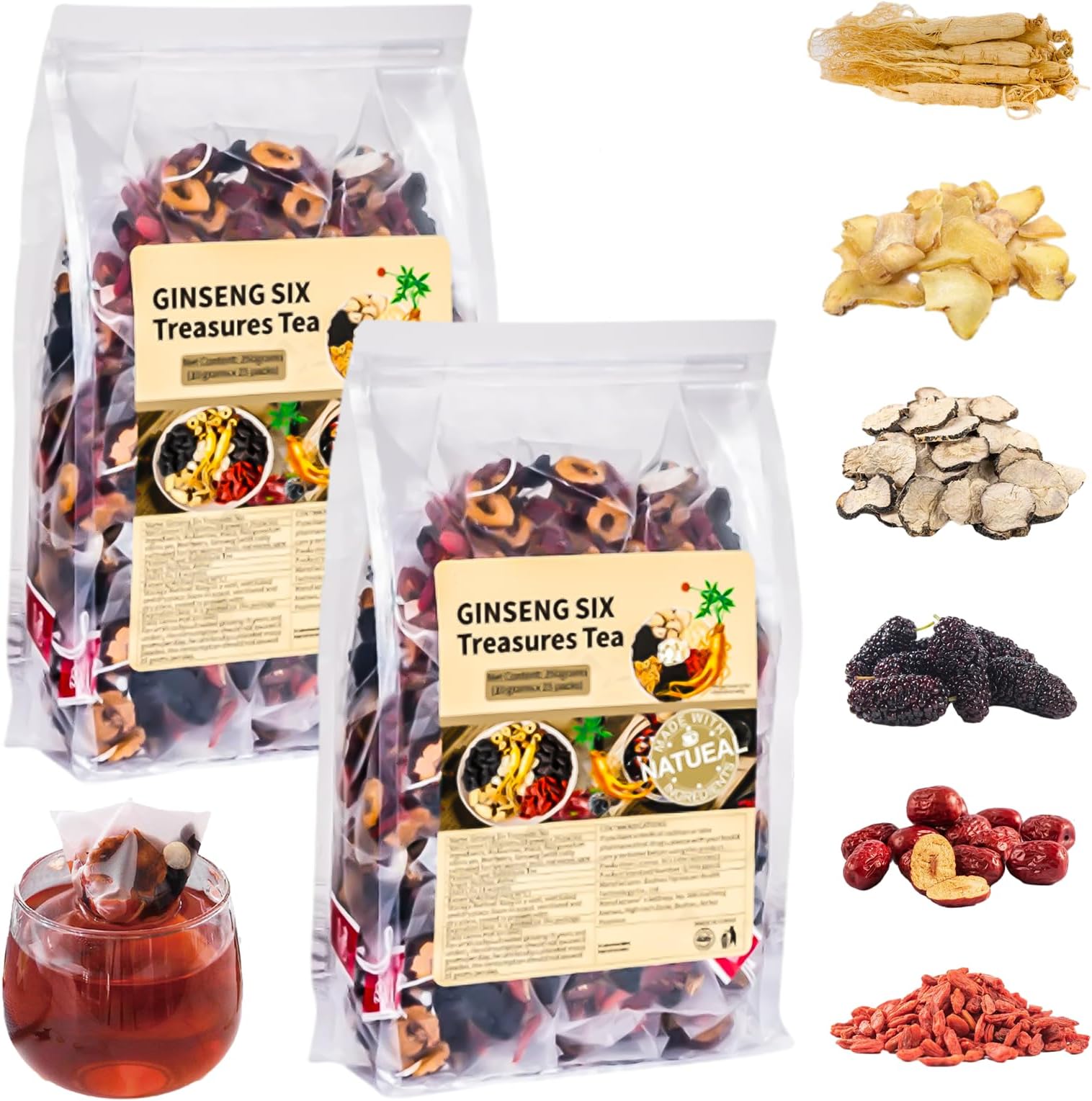 Ginseng & Mulberry Herbal Tea, Turmeric Kidney Tea Formula Ginseng Eight Treasure, 8 Natural Herbal Mulberry Formula for Men & Women, 30 Tea Bags (2)