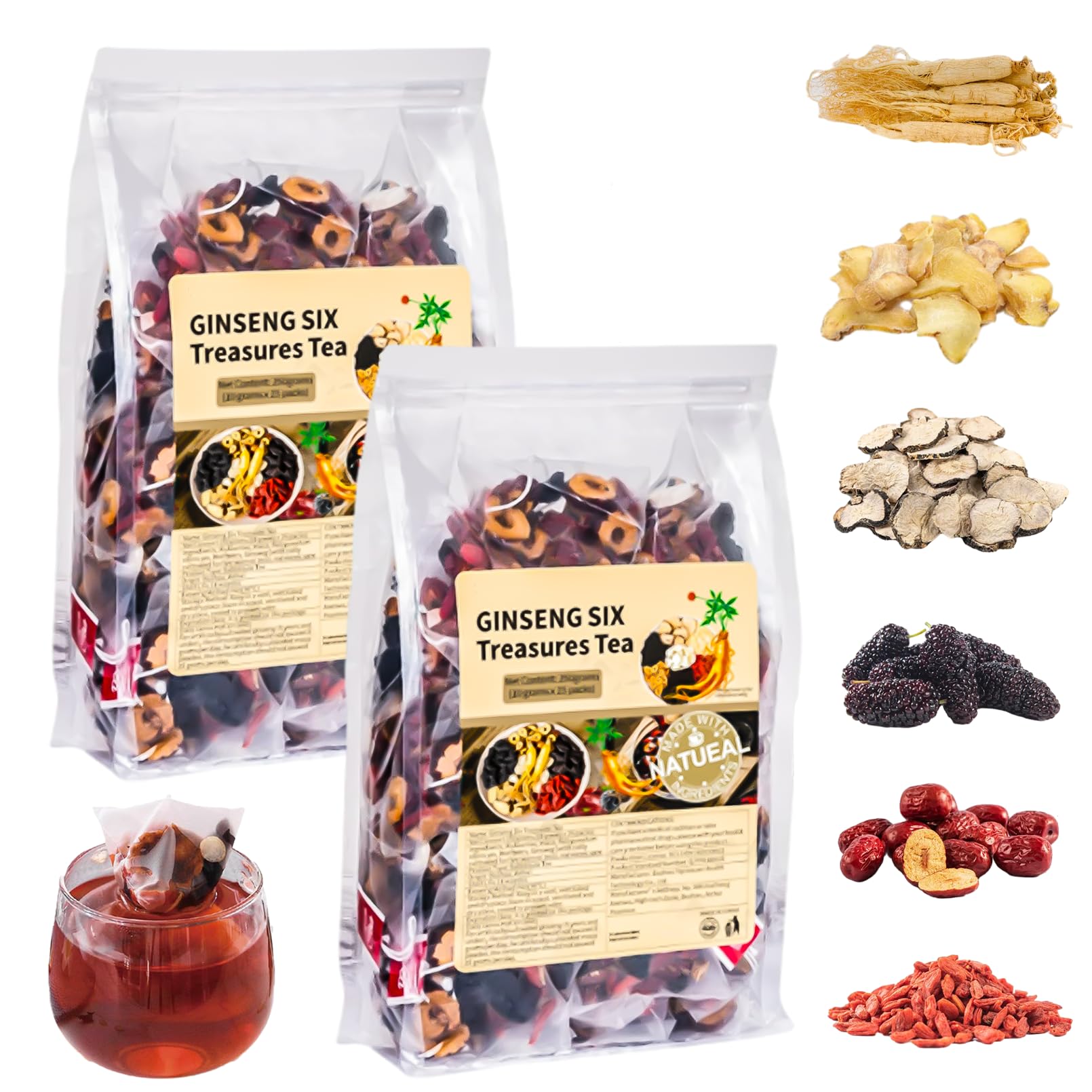 Ginseng & Mulberry Herbal Tea, Turmeric Kidney Tea Formula Ginseng Eight Treasure, 8 Natural Herbal Mulberry Formula for Men & Women, 30 Tea Bags (2)