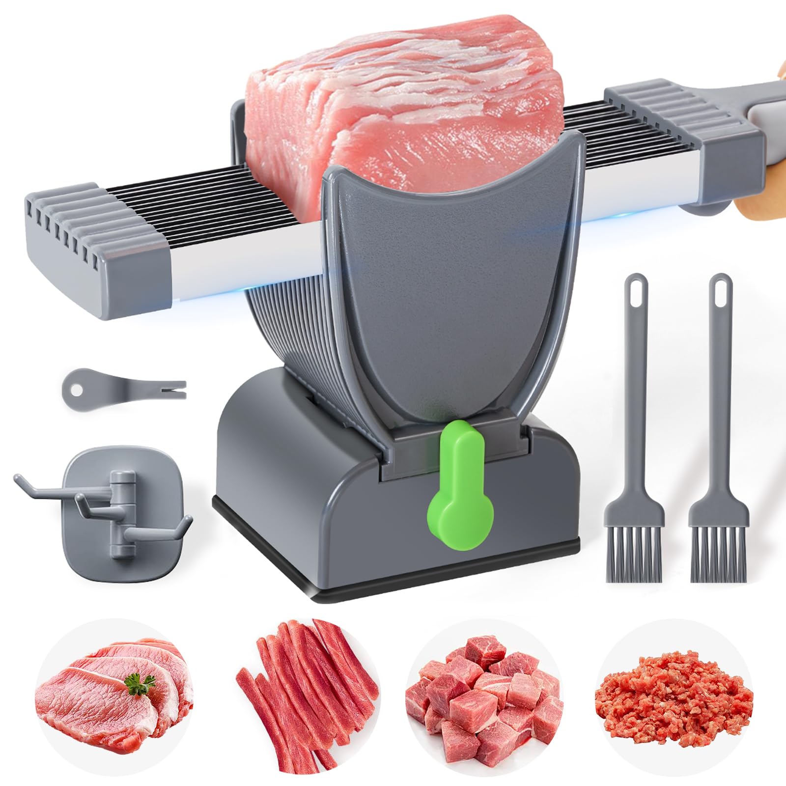 Fresh Meat Slicer - Thickness Adjustable 2 or 4 mm 17 IN 1 Stainless Steel Manual Meat Slicer Set for Fresh Meat Slicing Shredding Food Cutter for Beef Pork Mutton Home Cooking BBQ Hot Pot