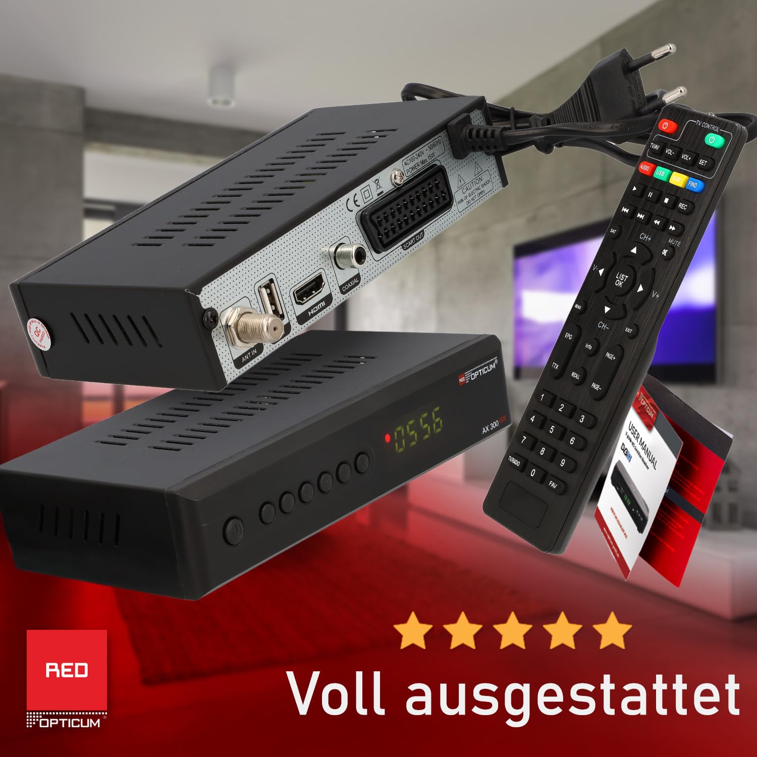 RED OPTICUM AX 300 Plus Sat Receiver mit PVR I Digitaler Satelliten-Receiver HD 1080p - HDMI - SCART - USB - Coaxial Audio I Receiver für Satellitenschüssel Schwarz