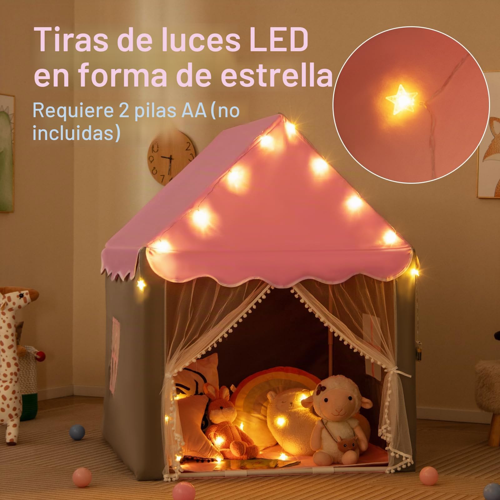 GOPLUS Tienda Campaña Infantil, Tienda de Princesa con Luces de Estrellas, Plegable Play Carpa, Cabaña, Playhouse Toy para Juegos de Interior y Exterior, con Ventana de Malla, Alfombra de Algodón