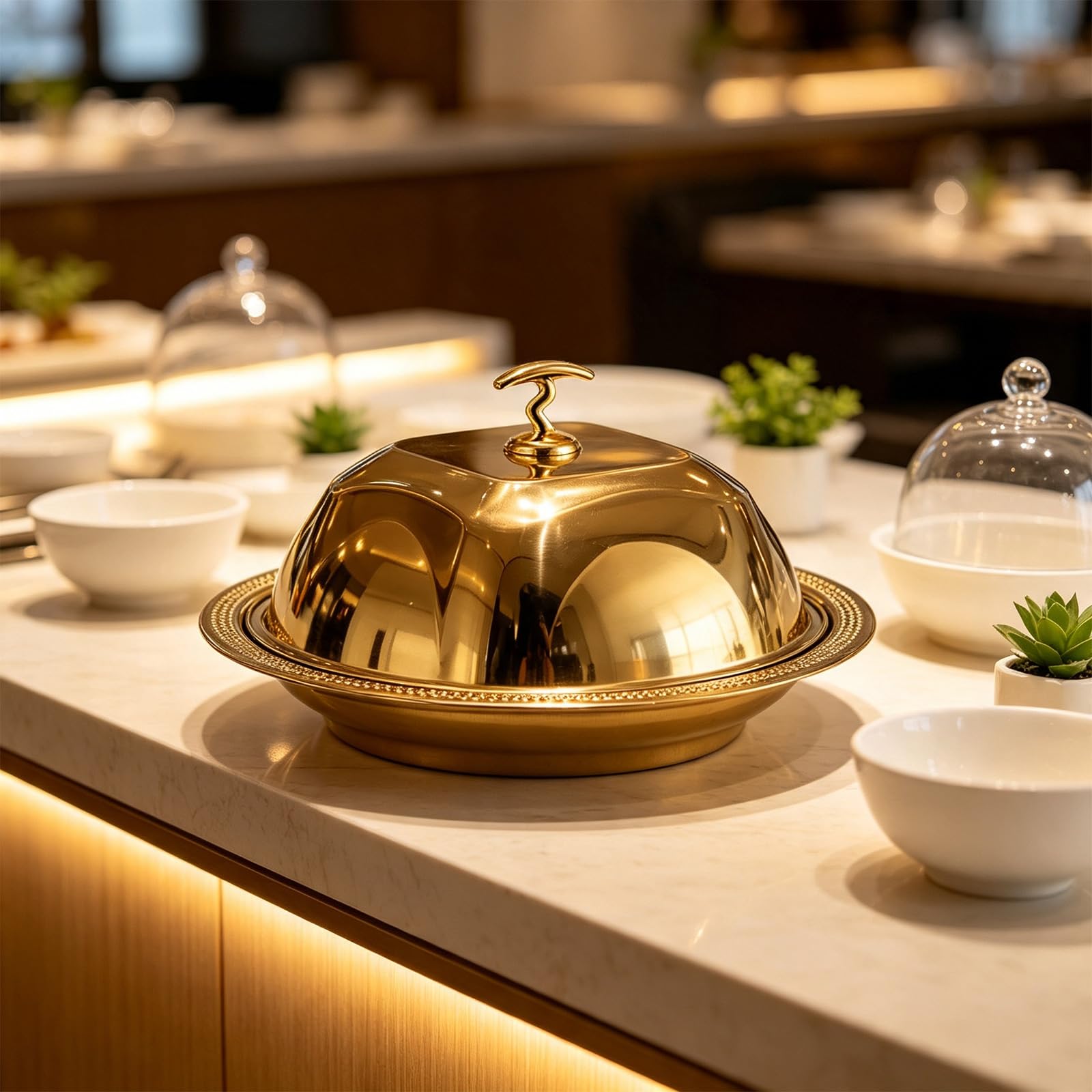Buffet Präsentationstablett mit Edelstahlabdeckung, Gold 40CM
