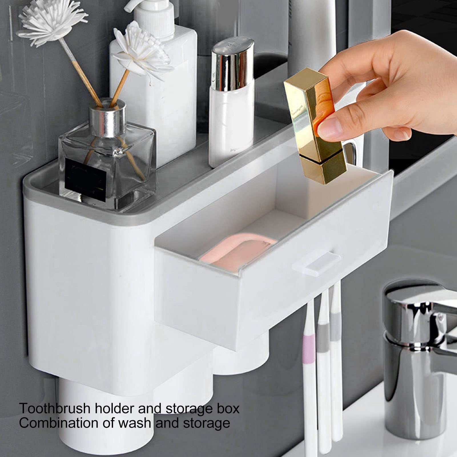 Juego de Soporte para Cepillos de Dientes Montado en la Pared con Dispensador Automático de Pasta de Dientes, Exprimidor, Vaso Magnético para Enjuague Bucal para Baño