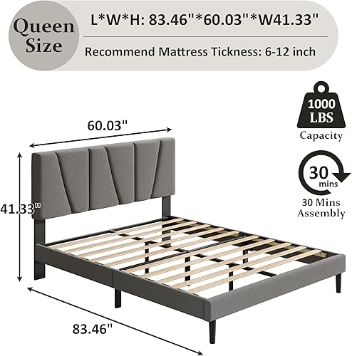 Miniatura 23 de Base de cama tamaño King con cabecera tapizada de tela, cama plataforma con soporte de listones de madera, base de colchón completa, somier