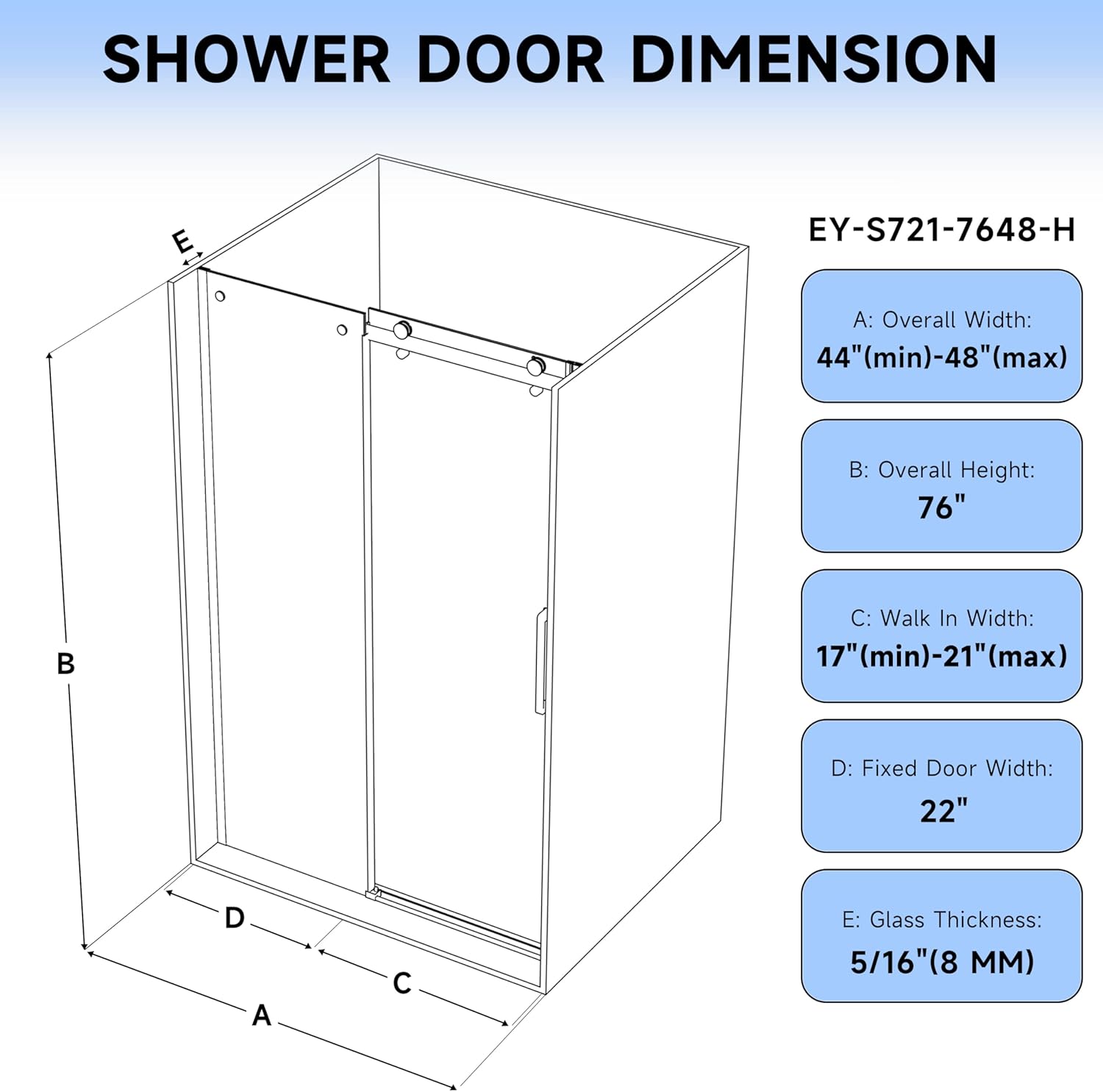 Hasipu Shower Doors, 44"-48" W x 76" H Single Sliding Frameless Shower Door with ANSI & SGCC Certified 5/16" (8mm) Crystal Clear Tempered Glass with Explosion-Proof Film, Bright Silver