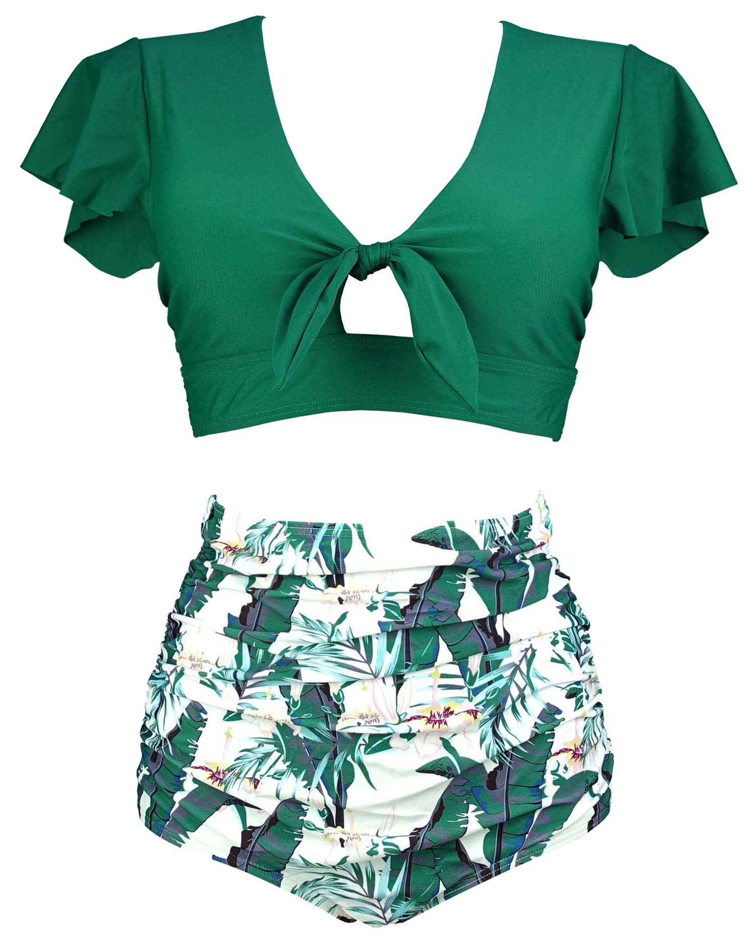 COCOSHIP Women's Retro Ruched Ruffle High Waist Two Piece Bikini Set Tie Knot Front Top Sport Bath Swimsuit