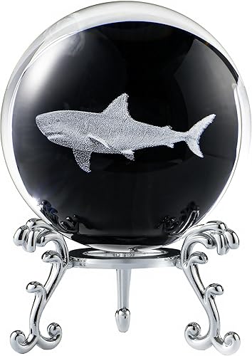 Miniatura 7 de HDCRYSTALGIFTS Bola de cristal de tiburón grabada con láser 3D con soporte de 2.362 in de vidrio, figuras de animales marinos, adornos de bolas