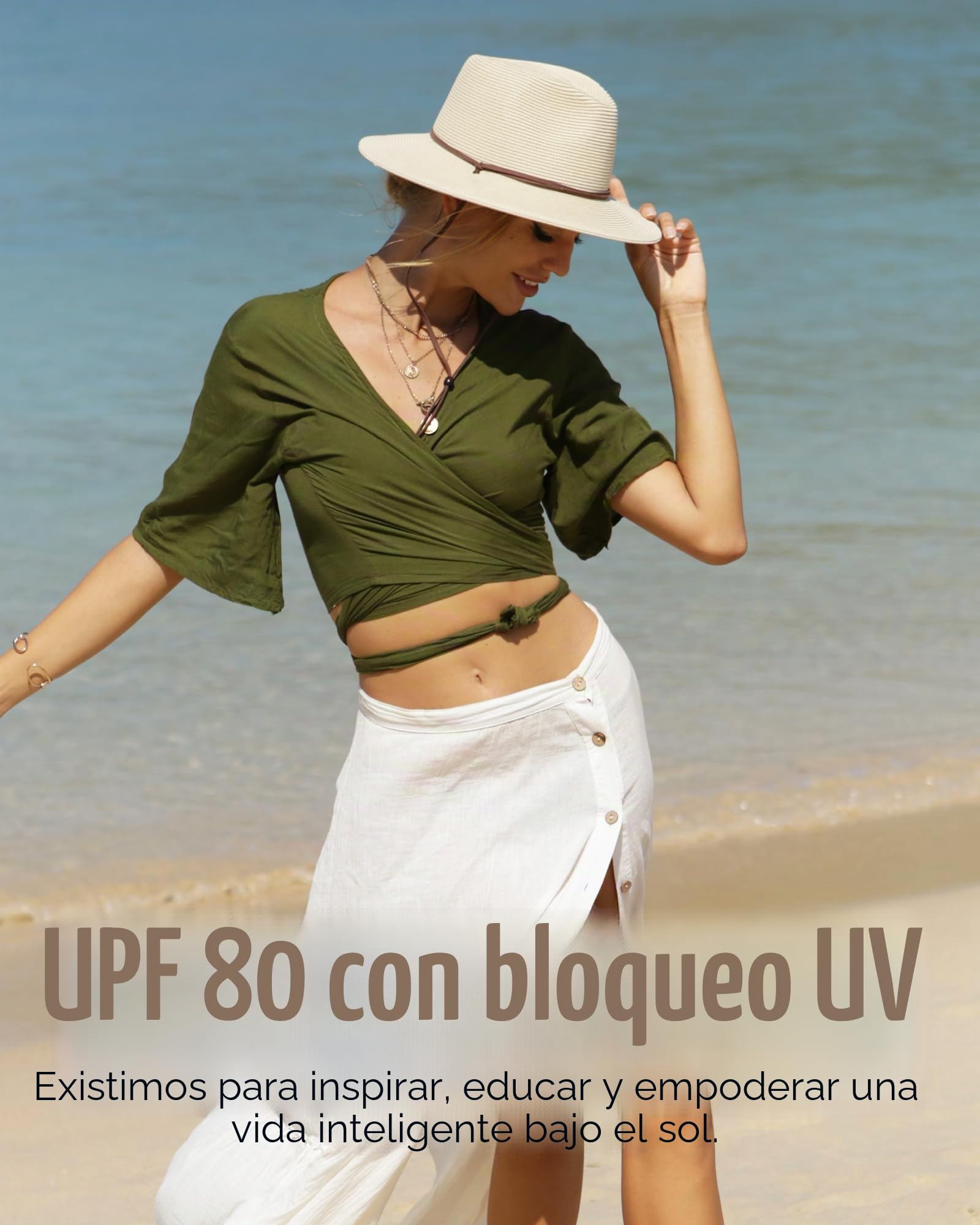 FURTALK Sombrero panamá unisex de ala ancha, sombrero de verano con protección UV, con correa de barbilla, sombrero de playa para hombre y mujer, sombrero de paja ajustable
