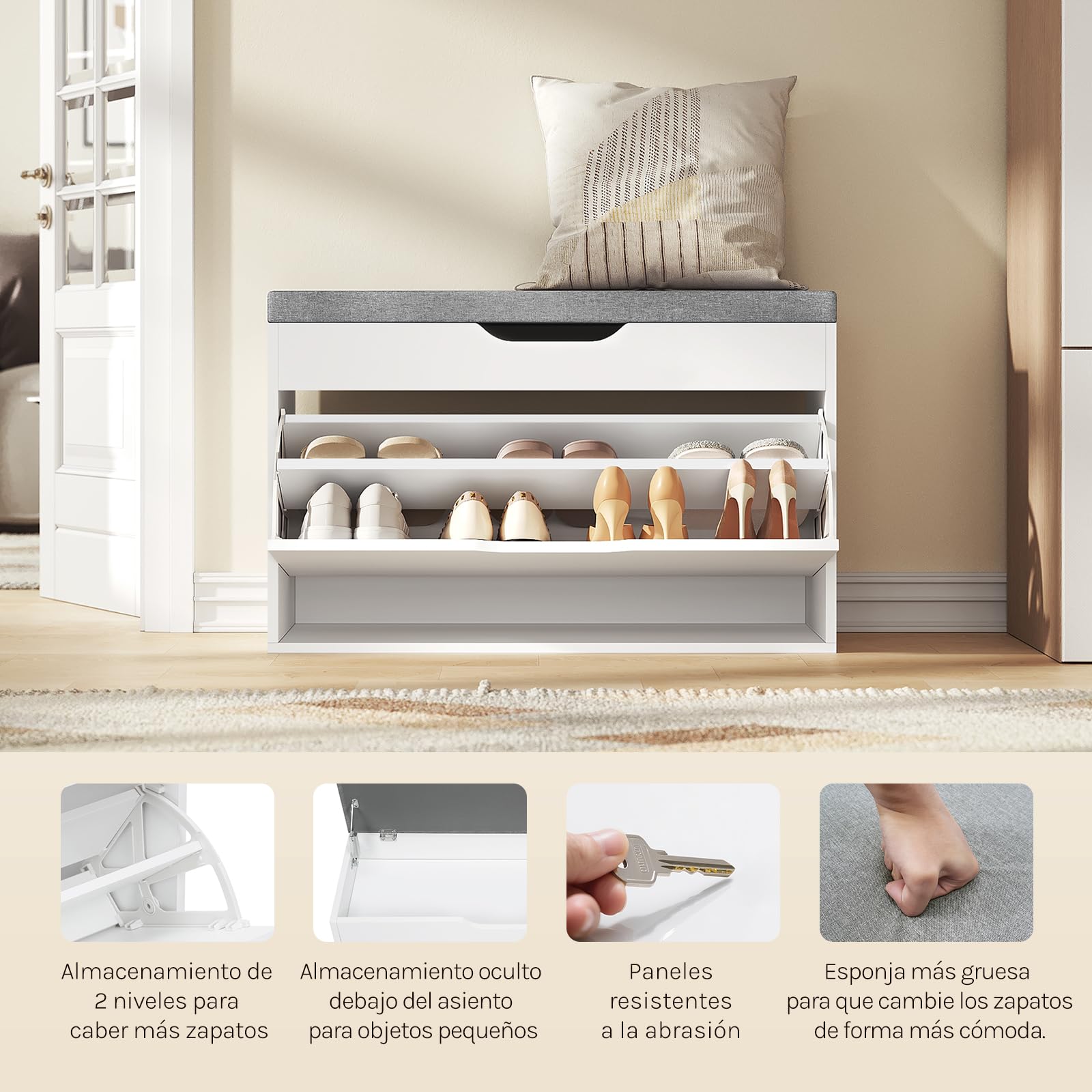 WOLTU Zapatero Entrada Recibidor, Banco Zapatero Abatible 2 Niveles, Banco Almacenamiento Oculto, Organizador Zapatos Madera, Sapateira para Salón Pasillo Recibidor Entrada, Blanco y Gris