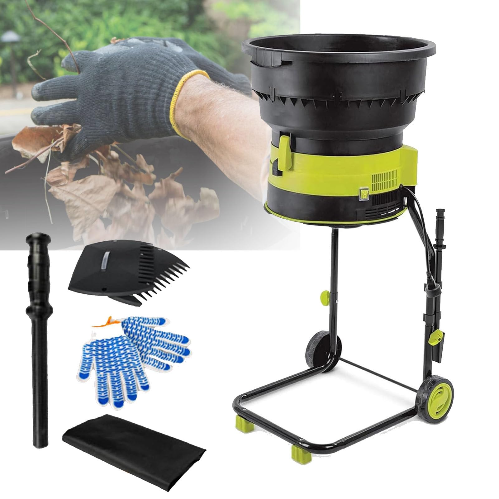 Trituradora de Hojas eléctrica para Compost, trituradora de Hojas de jardín de 2500 W con Ruedas y Bolsa de Almacenamiento, trituradora eléctrica sin Cuchillas de 8000 RPM, para Limpieza,30m