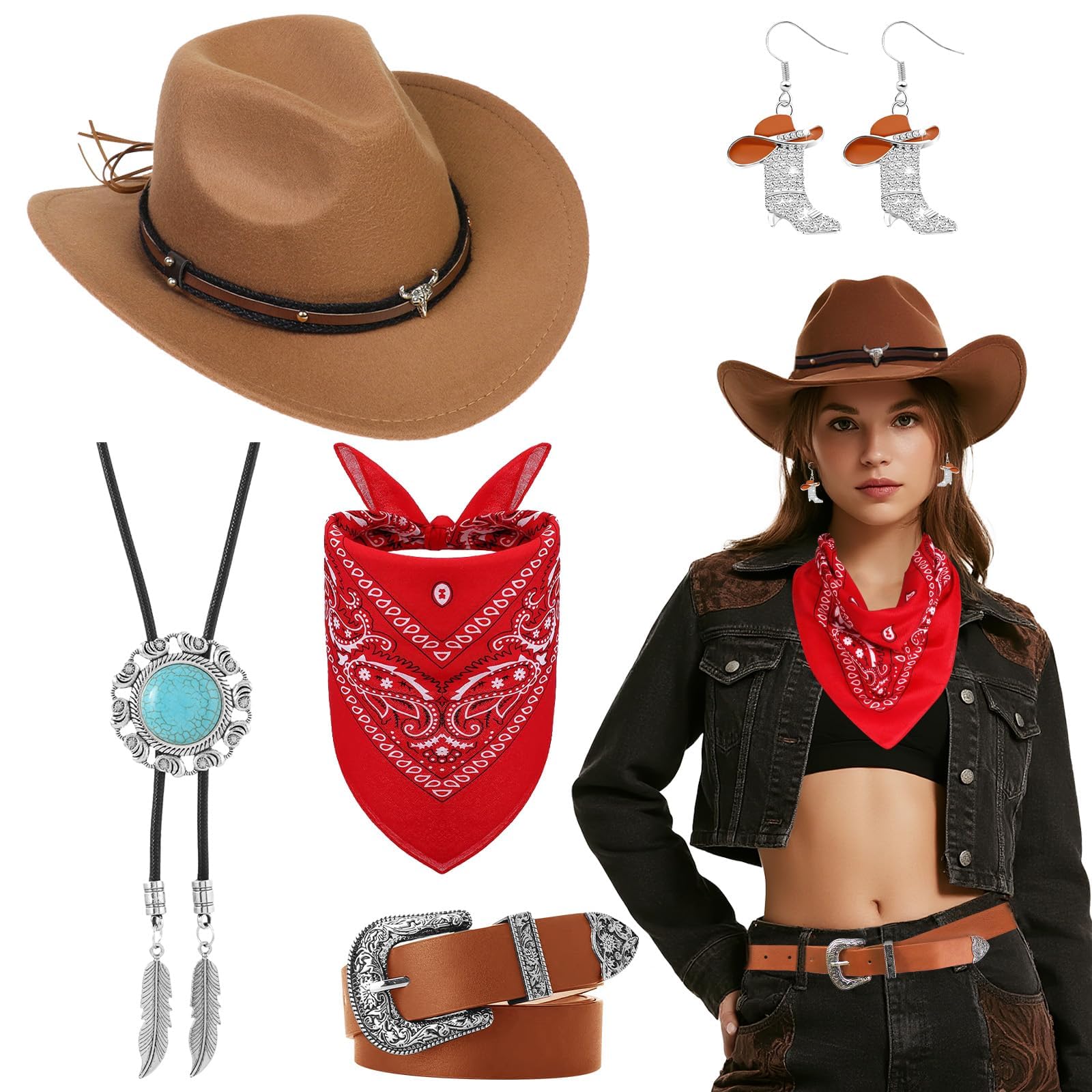 5 Pièces Set de Déguisement Cowboy Western pour Femme, Kit Accessoires de Cowgirl avec Chapeau Collier Boucles d'oreilles Ceinture Bandana pour Halloween Masqué Cosplay Fêtes