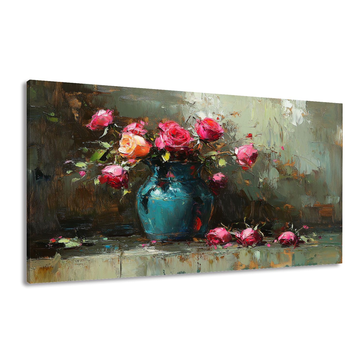 Canvas Wall Art Prints Vintage Classical Vase Roses Still Life Floral Botanical Flower Petals Large Framed Artwork Wall Paintings Pictures Posters 30"