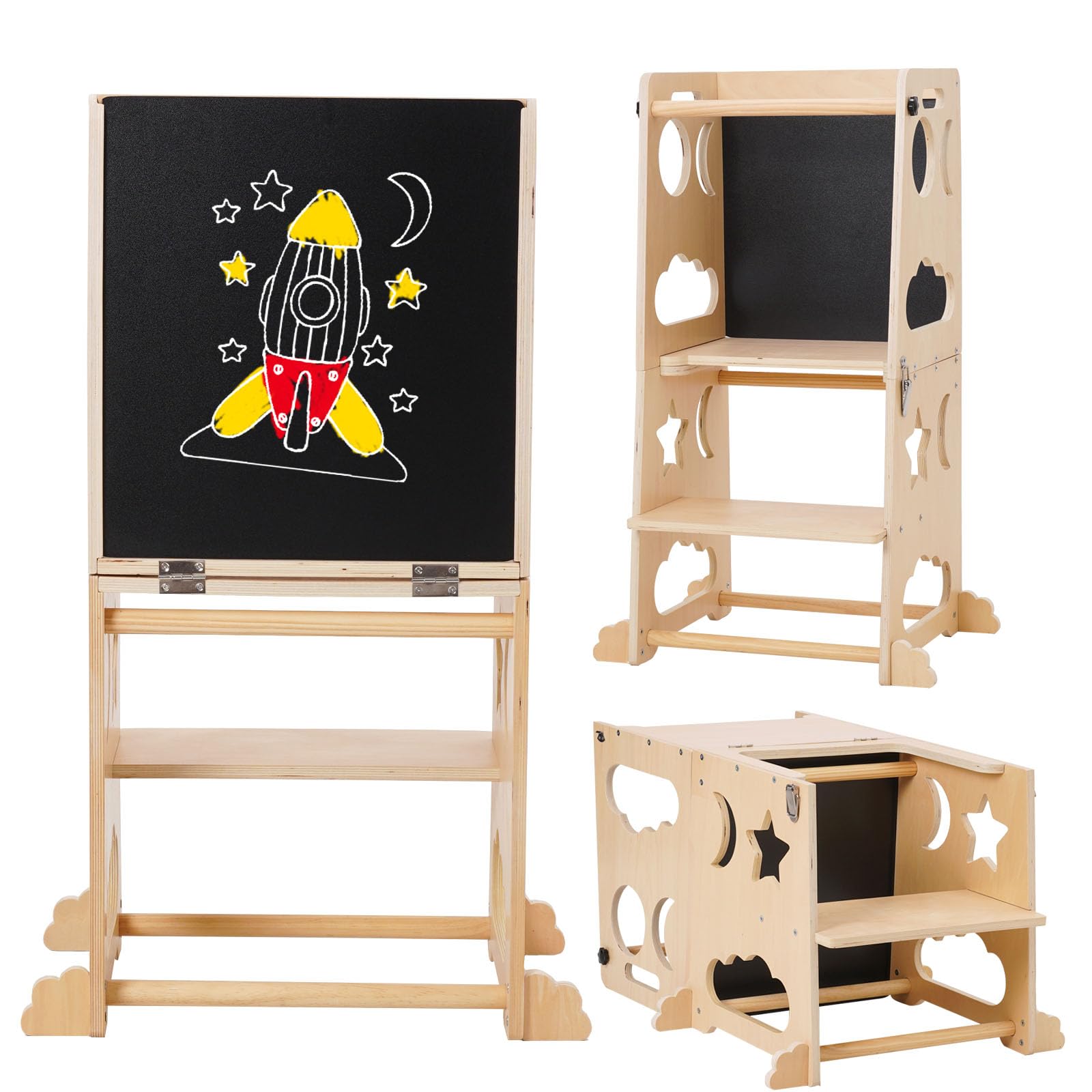 Montessori Lernturm für Kinder, 3 in 1 Learning Tower für Kinder Lernturm Klappbar Tritthocker mit Tafel, Küchenhocker-Helfer für Kinder, für Küchentisch und Badezimmer