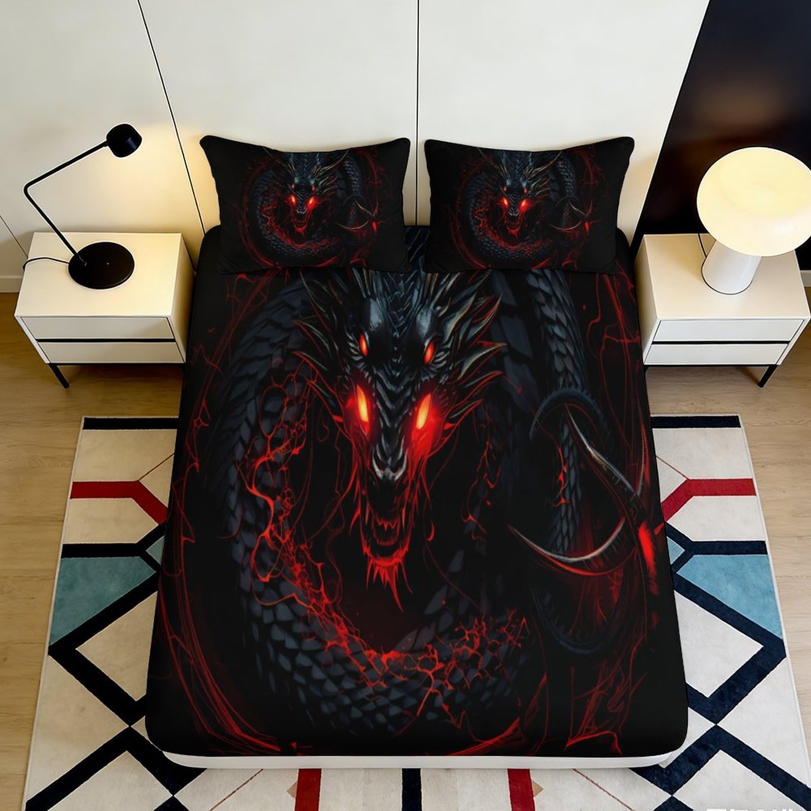 3D Printed Black Dragon Fitted Sheet Microfiber Soft Touch Bedroom Decor, Wrinkle Resistant, Home Guest Room Bedding 200x200x25cm
