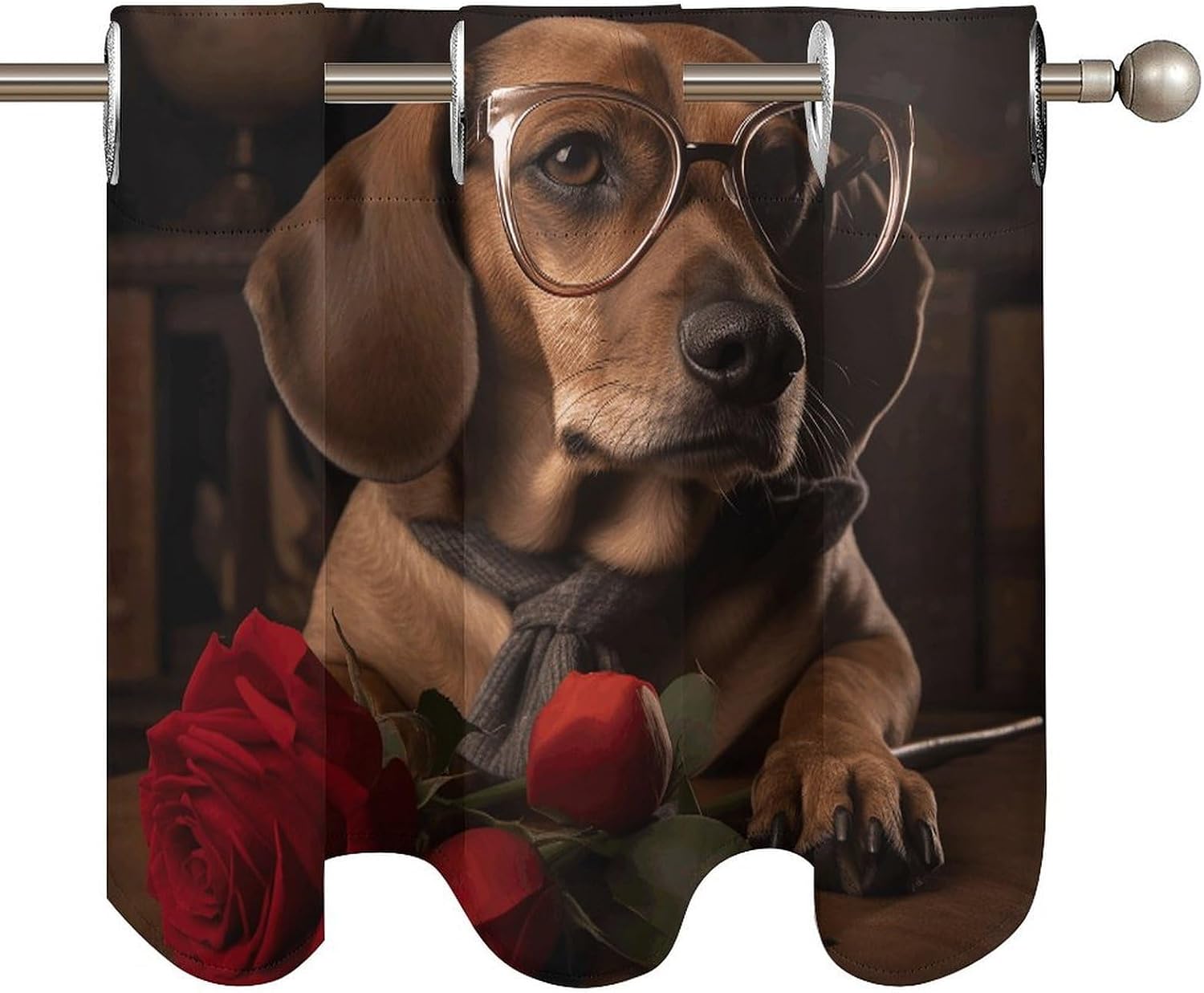 Dog Holding A Rose Curtain 2 Panels, Polyester Fiber, Blackout Insulated Window Curtain, Curtain Valance for Kitchen Dining Room Living Room Cafe Small Window 52 * 18.1 Inches