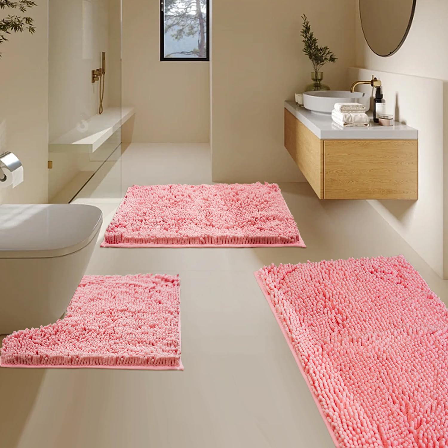 Bathroom Rugs Sets 3 Piece, Super Soft Absorbent Bath mat Set,with U-Shaped Toilet Rug,Strong PVC Underside Bathroom Rug,Antiskid Bath mats Washable
