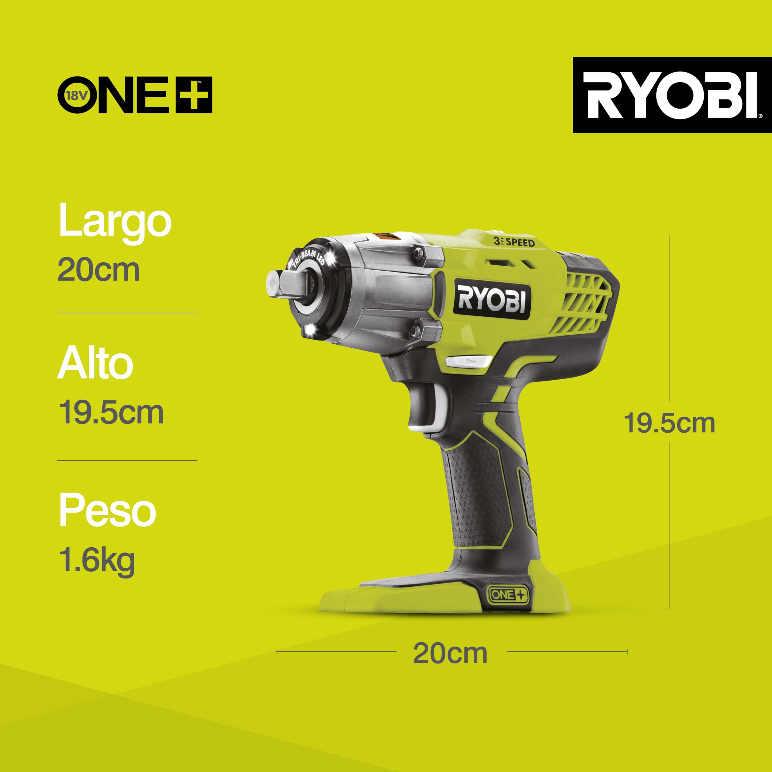Ryobi - Llave de Impacto Eléctrica Sin Cable 18V ONE+ 400Nm - 3 Velocidades y 3 Pares de Apriete - Accesorio de Fijación Cuadrado 1/2" y Adaptador Hexagonal 1/4" - Inversor de Rotación - R18IW3-0