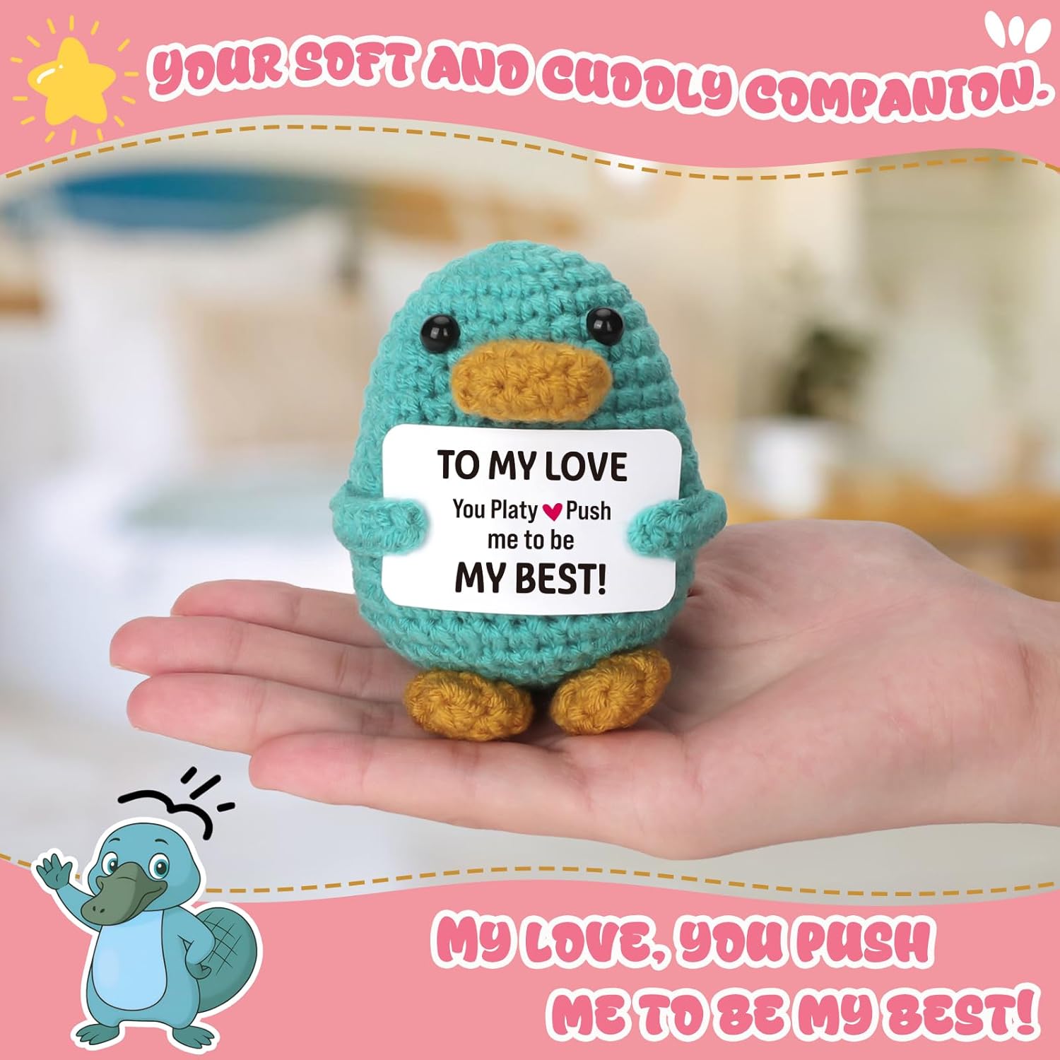Valentine to My Love You Gifts for Her Him Girlfriend Boyfriend Wife Husband Couples -Valentines Gifts for Wife Husband Wedding Anniversary Birthday Romantic Gift for Couples Handmade Crochet Platypus - Image 2