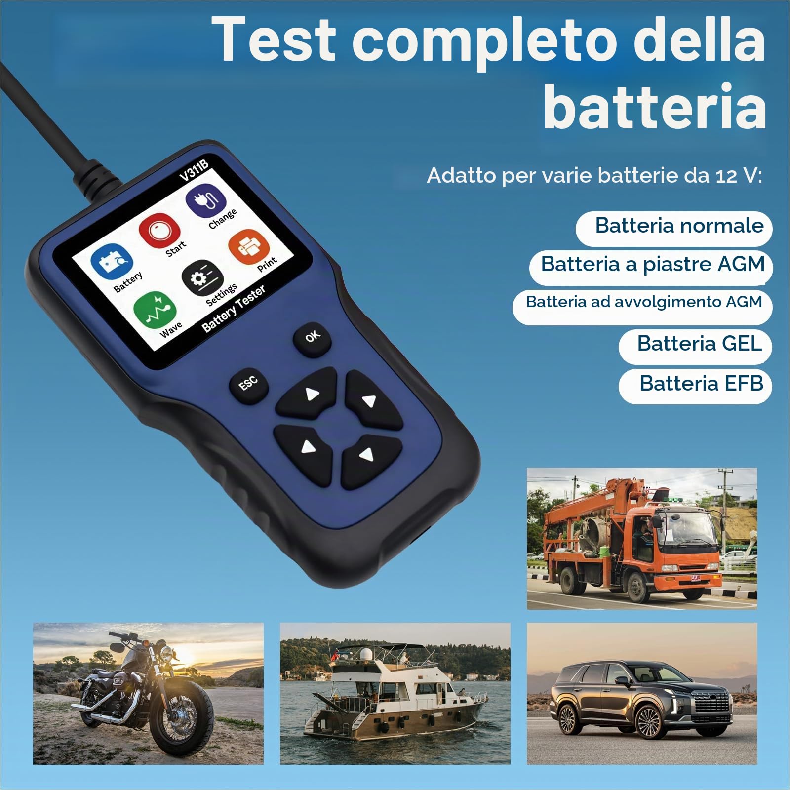 Tester per Batteria Auto di MMOBIEL – Upgraded 12V Analizzatore Digitale Test Strumento con Display Colori - Tester Carico 100-2000 CCA - Salute della Batteria, Avviamento e Carica Controllo per Auto