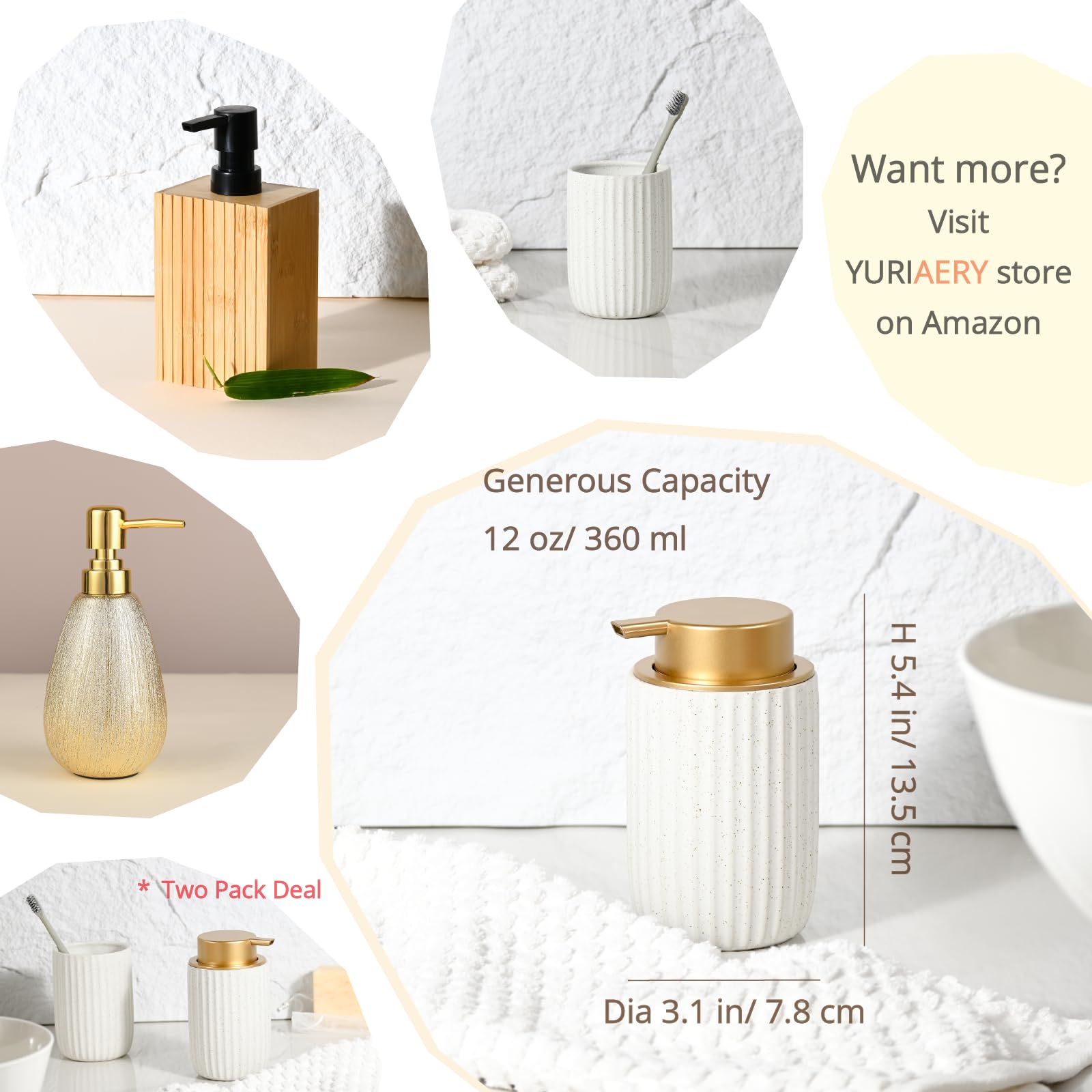 2 Stück gesprenkelter, mattweißer Keramik-Schaumseifenspender, 340 ml, nachfüllbare Pumpe mit goldenem Oberteil, eleganter Schaumspender für Bad oder Küche, gesprenkeltes Weiß