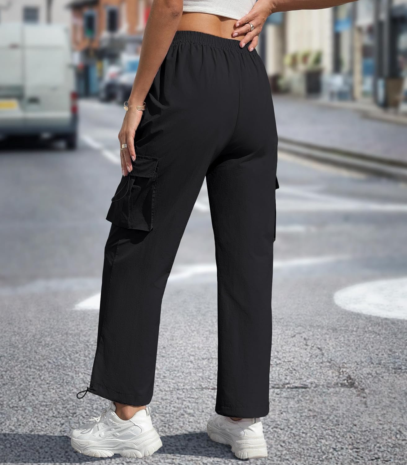 Women's High Waisted Cargo Pants Baggy Trendy Hiking Parachute Pants with Pockets Y2K Cargo Trousers Drawstring Ankles - Image 2