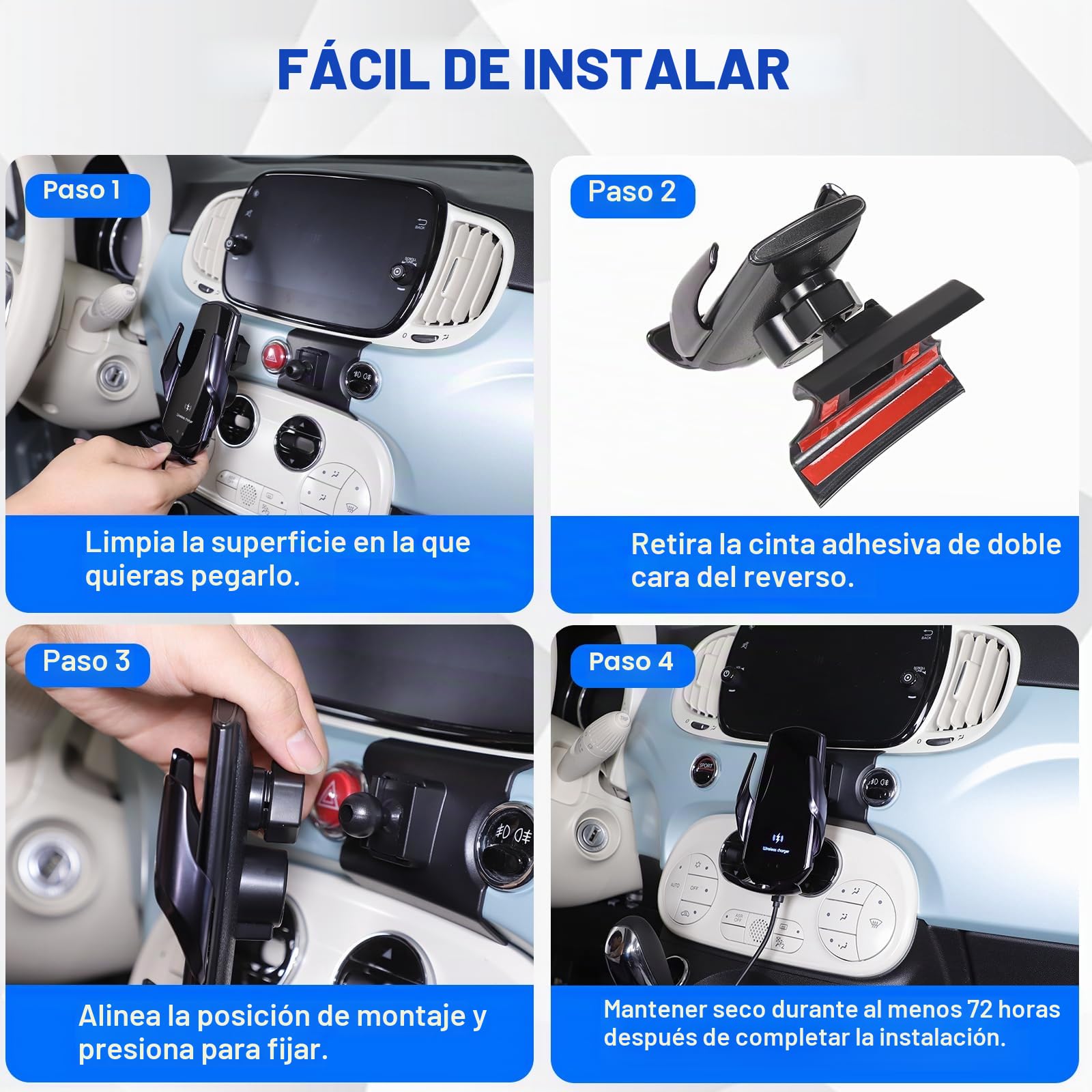 Soporte para teléfono móvil de coche compatible con Fiat 500 2016-2024, consola central, soporte de teléfono móvil de rotación de 360° (estilo C carga inalámbrica)