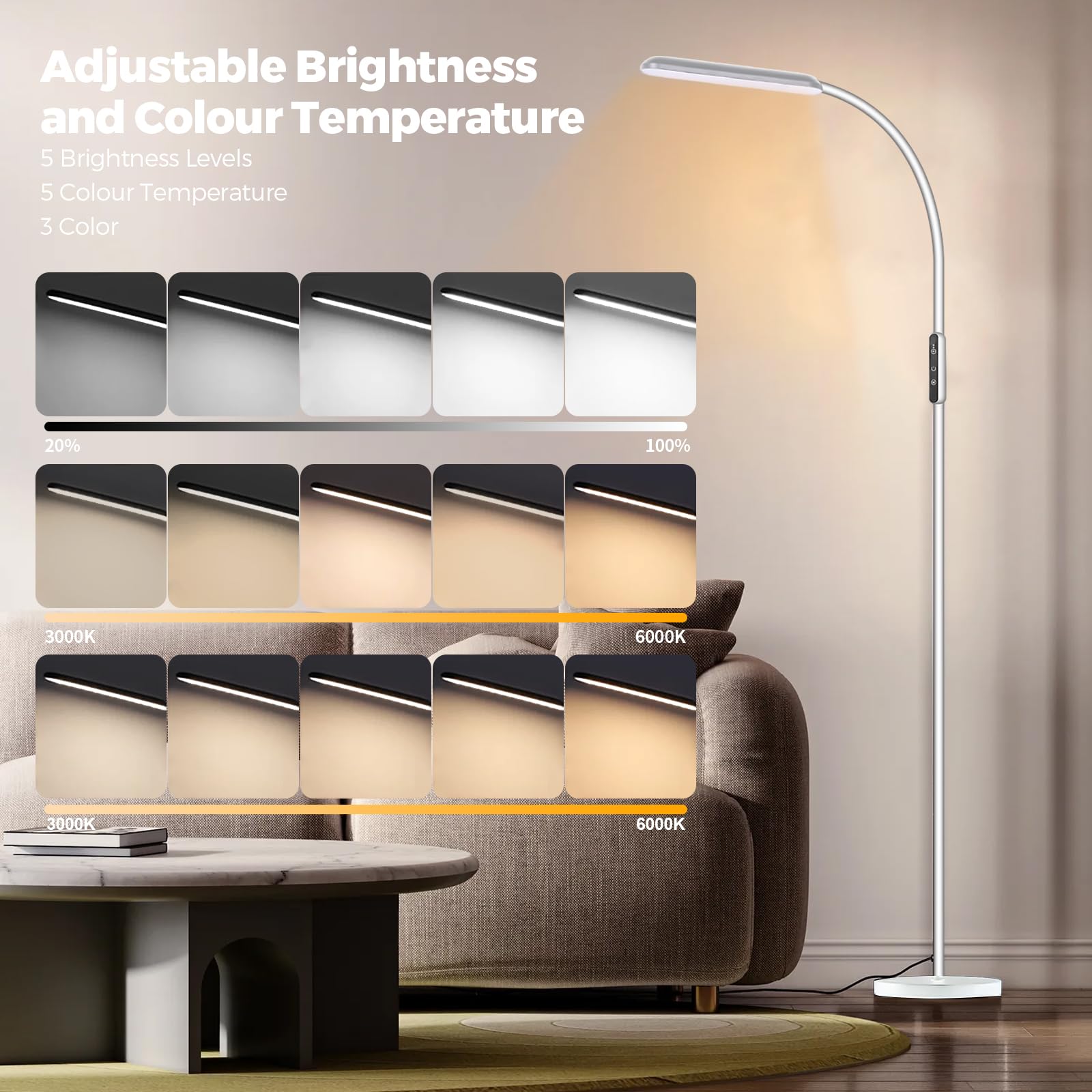 Woobroo Floor Lamp for Living Room Dimmable Adjustable Reading Standing Lamps with Touch Control - Image 2