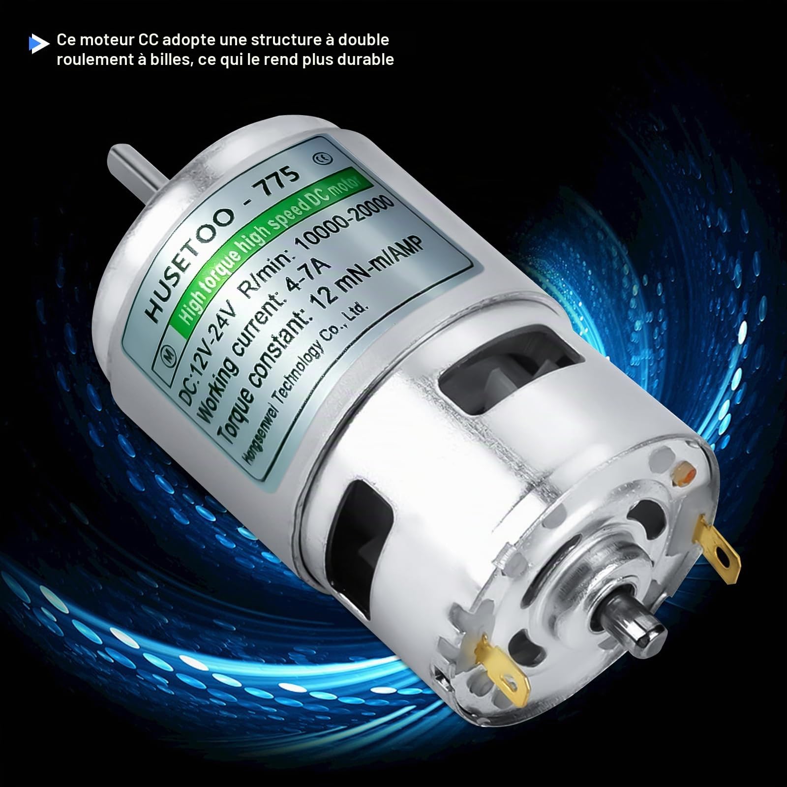 Moteur 775 CC 12 V DC Moteur DC à couple élevé Max 20 000 tr/min Double roulement à billes silencieux Moteur CC (Broche en forme de D -2pcs)